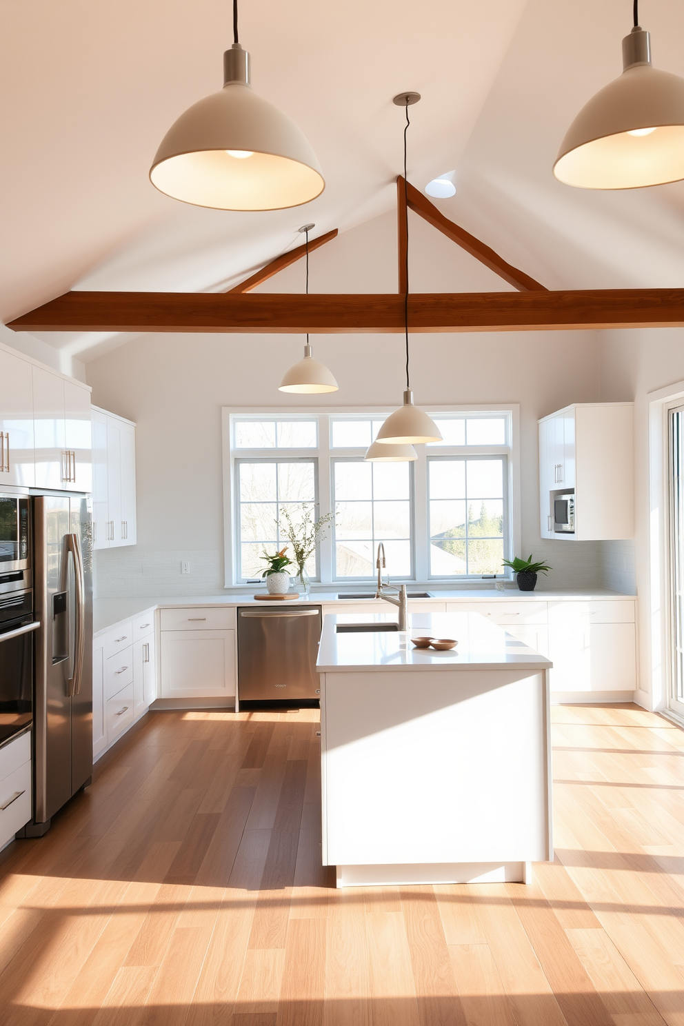 A cozy kitchen featuring rustic wood accents paired with sleek modern appliances. The cabinetry is crafted from reclaimed wood, while stainless steel appliances provide a contemporary touch. The countertops are a polished quartz, contrasting beautifully with the warm tones of the wood. A farmhouse sink is centered beneath a window, allowing natural light to flood the space.