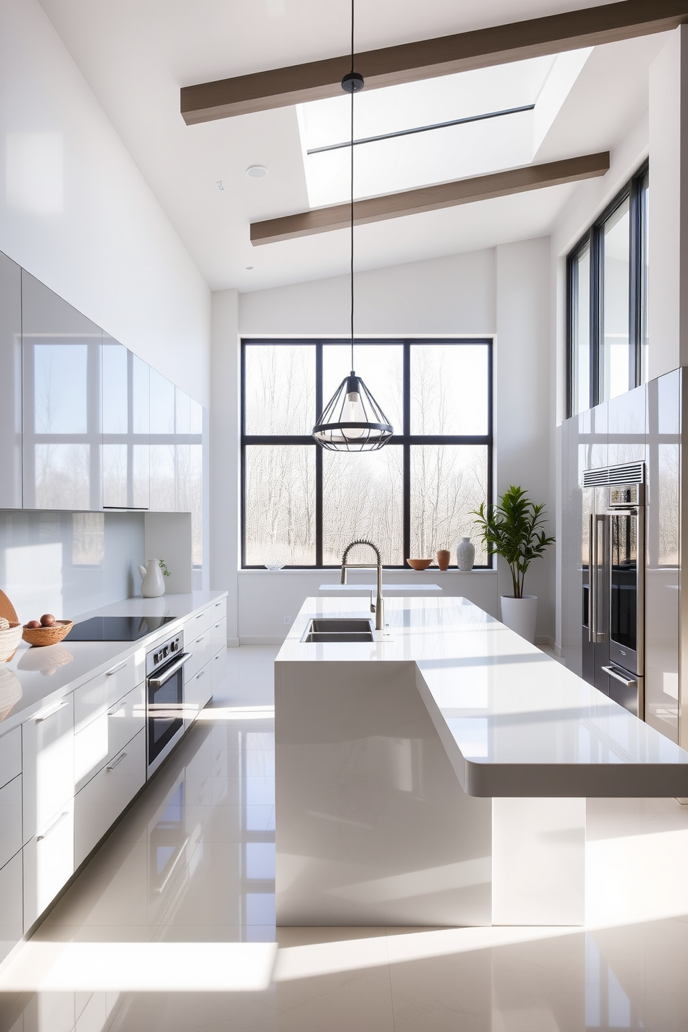 A contemporary kitchen design featuring clean lines and an open layout. The space includes sleek cabinetry in a high-gloss finish, a large island with a waterfall countertop, and modern stainless steel appliances. Natural light floods the room through large windows, highlighting the minimalist decor. A stylish pendant light hangs above the island, creating a focal point in this functional yet elegant kitchen.