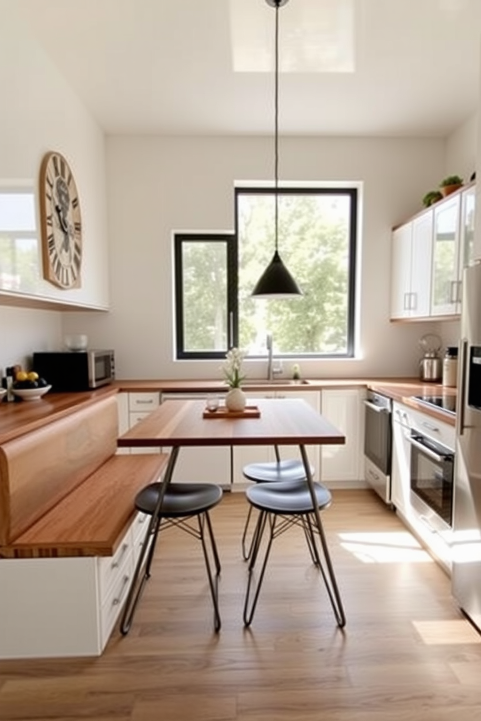 A modern integrated dining table is seamlessly built into a compact 10x10 kitchen design. The table features a sleek wooden surface with minimalist metal legs, providing a cozy dining area without sacrificing space. The kitchen showcases a harmonious blend of functionality and style, with white cabinetry and stainless steel appliances. Natural light floods the room through a large window, enhancing the warm tones of the decor.