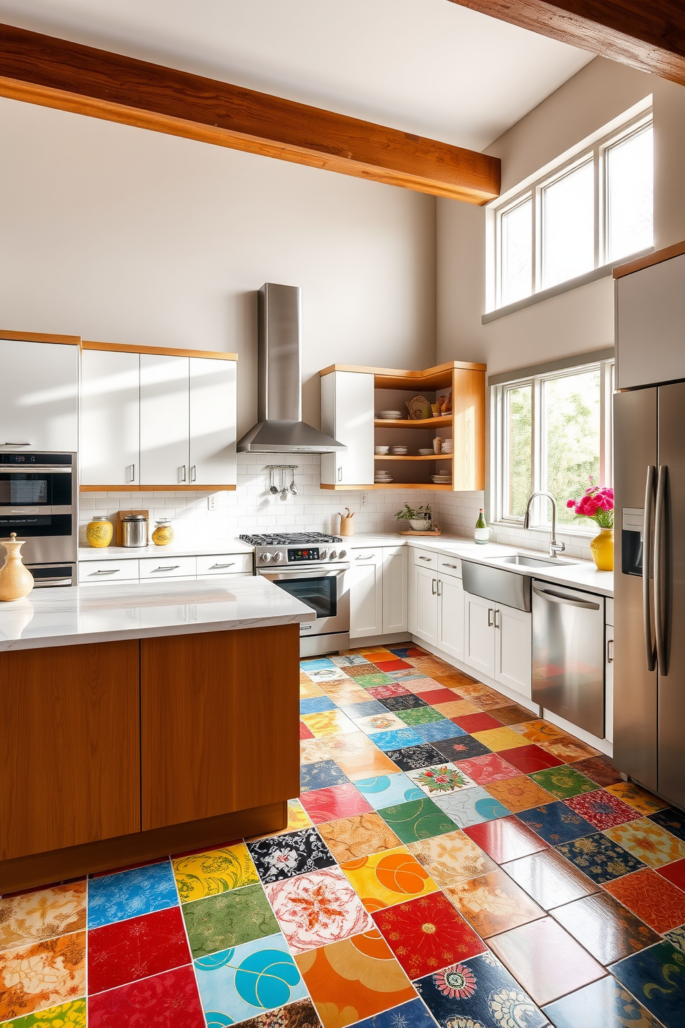 A vibrant kitchen design featuring colorful tile flooring that adds a lively touch to the space. The layout includes modern appliances seamlessly integrated into custom cabinetry with a mix of open shelving for decorative items. Natural light floods the room through large windows, illuminating the cheerful hues of the tiles. A central island with bar seating provides a functional gathering spot for family and friends.