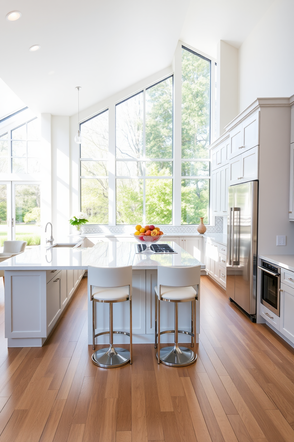 A bright and airy kitchen filled with natural light streaming through large floor-to-ceiling windows. The space features an open layout with a large island at the center, adorned with elegant bar stools and a beautiful fruit bowl. The cabinetry is a mix of white and soft gray, complemented by sleek stainless steel appliances. A stylish backsplash with intricate tile work adds a touch of sophistication to the overall design.