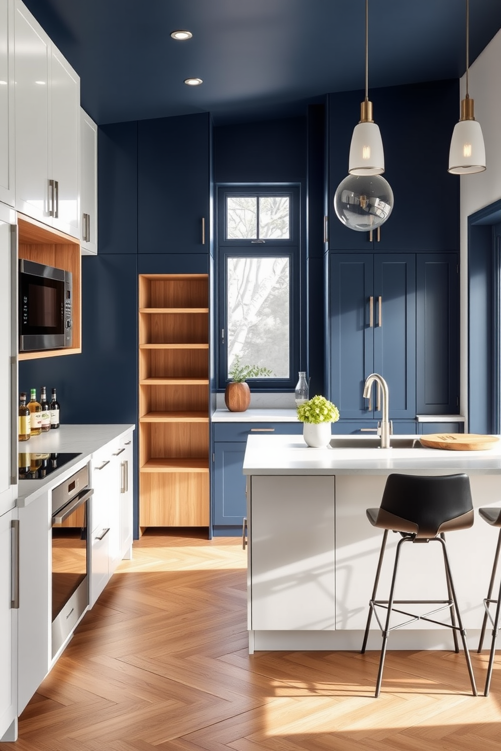 A modern space-saving pull-out pantry is seamlessly integrated into the cabinetry, featuring sleek wooden shelves that maximize storage efficiency. The kitchen showcases a harmonious blend of white and navy blue cabinetry, with a large island at the center adorned with elegant pendant lighting. The 10x10 kitchen design emphasizes functionality with a compact layout that includes a built-in microwave and a double oven. A cozy breakfast nook sits by the window, surrounded by natural light and adorned with stylish bar stools.