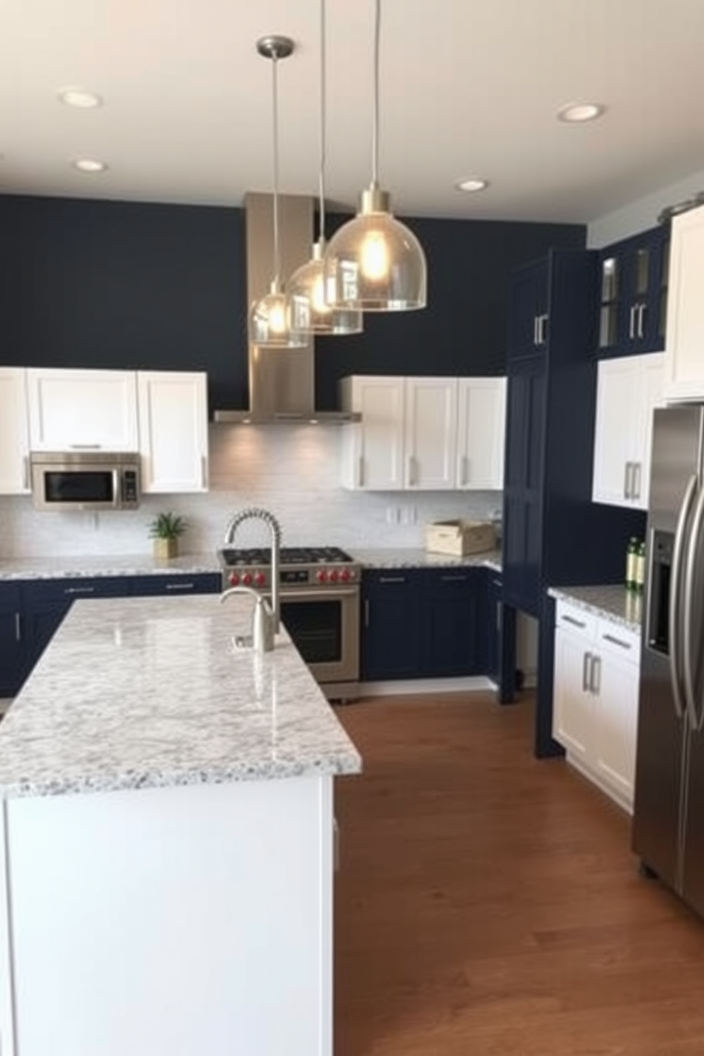 A stylish 10x10 kitchen featuring a central island with sleek granite countertops. Above the island, chic pendant lights hang gracefully, illuminating the space with a warm glow. The cabinetry is a mix of white and navy blue, providing a modern contrast. Stainless steel appliances complement the design, adding a touch of elegance to the overall aesthetic.