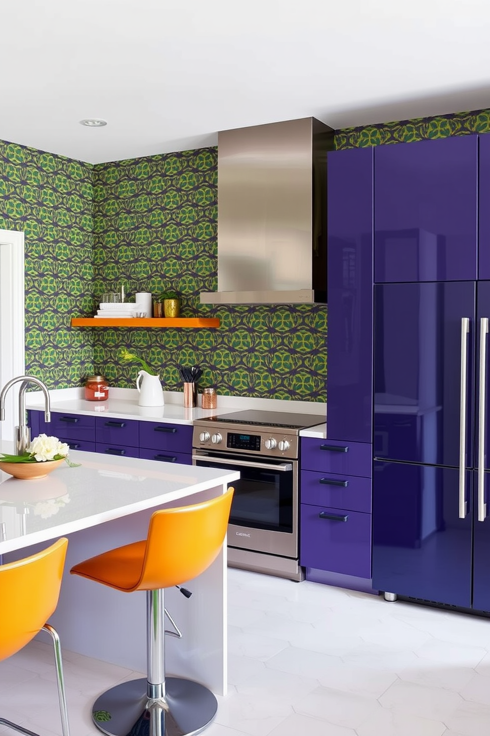 A vibrant kitchen space featuring bold wallpaper with a geometric pattern that adds a unique touch to the room. The kitchen includes sleek cabinetry in a high-gloss finish, complemented by stainless steel appliances and a large island with bar seating.