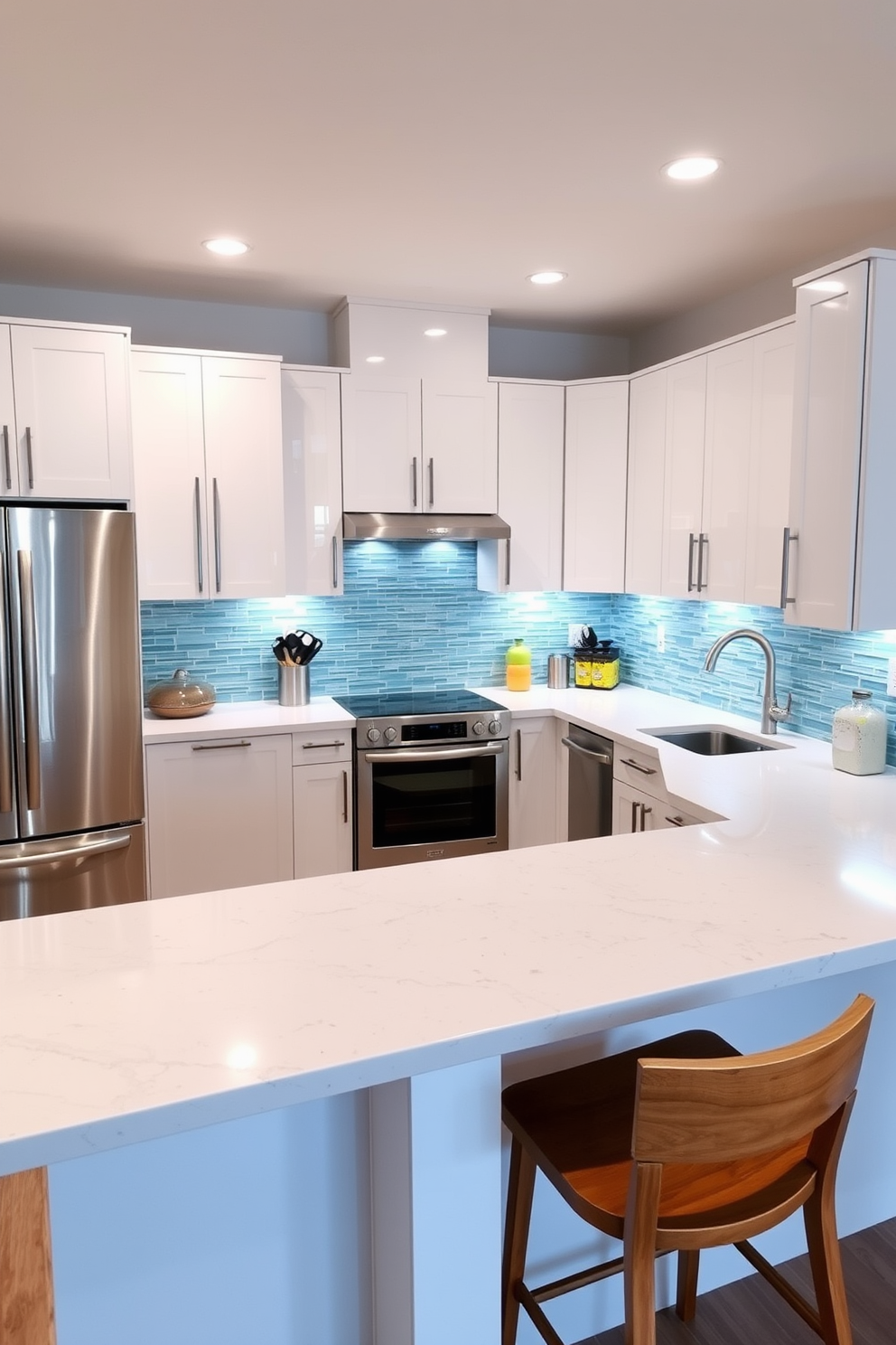 A modern L-shaped kitchen layout featuring a sleek breakfast bar. The cabinetry is finished in a glossy white, complemented by stainless steel appliances and a vibrant backsplash in shades of blue. The countertop is a durable quartz surface with subtle veining, providing ample space for meal preparation. Under-cabinet lighting illuminates the workspace, while bar stools in a warm wood finish add a cozy touch to the breakfast area.