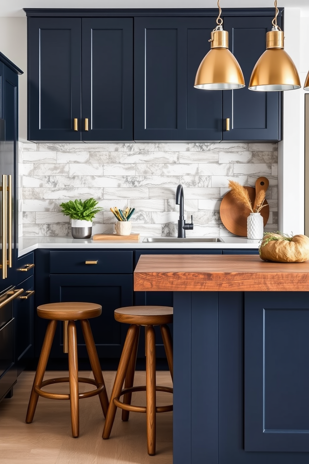 A warm color palette creates an inviting atmosphere in this kitchen. The walls are painted a soft terracotta, complemented by cream cabinetry and rich wooden accents. The kitchen island features a stunning butcher block top, surrounded by comfortable bar stools. Pendant lights with warm amber tones hang above, illuminating the space beautifully.