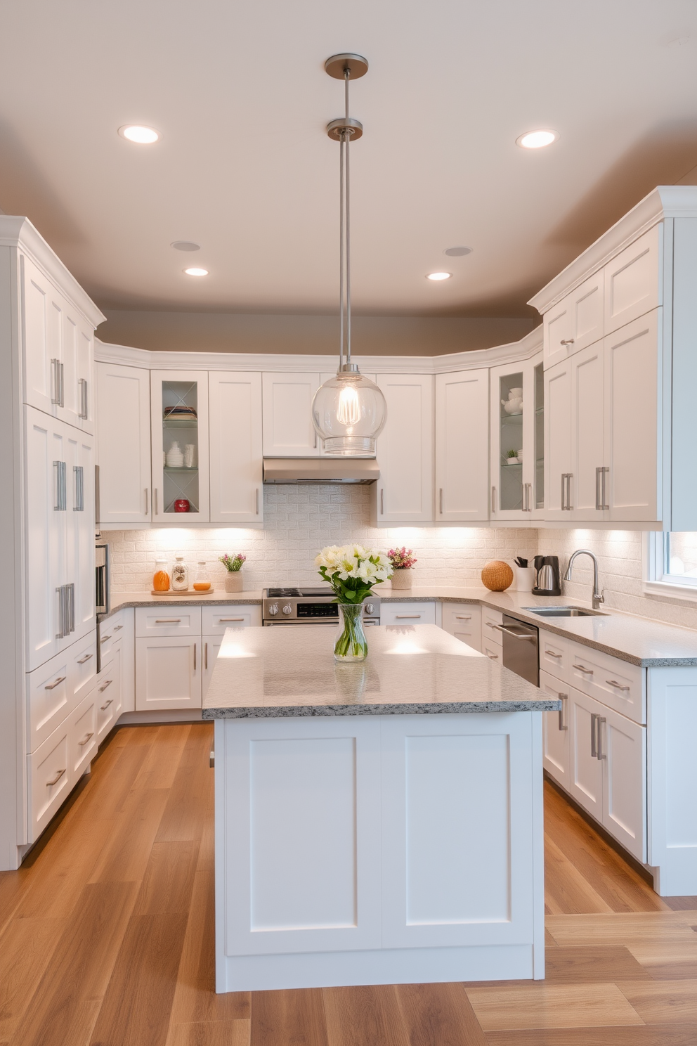 A modern U-shaped kitchen featuring ample storage solutions. The cabinetry is finished in a sleek white with stainless steel handles, and the countertops are a polished gray quartz. An island in the center provides additional workspace and seating for four. Bright pendant lights hang above the island, illuminating the space and creating a warm atmosphere.