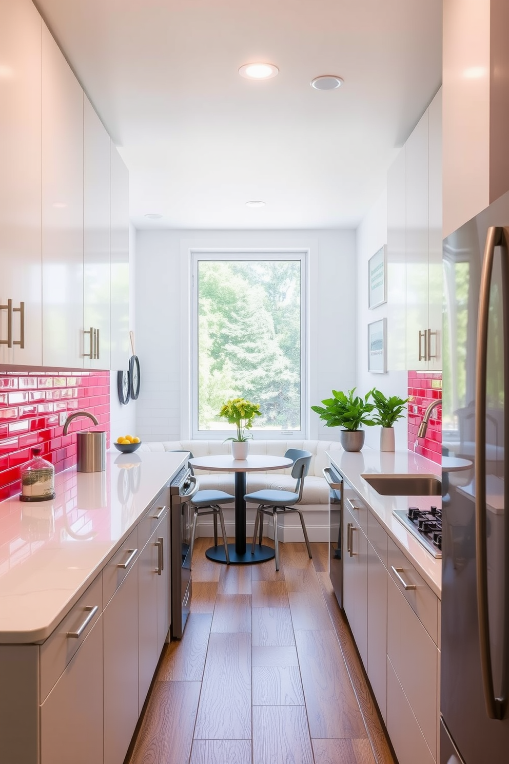 An inviting 10x10 kitchen features an L-shaped layout with sleek cabinetry in a soft white finish. The centerpiece is a large island with seating for four, topped with a beautiful quartz countertop that complements the overall design. The walls are painted in a warm, neutral tone, creating a cozy atmosphere. Stainless steel appliances are seamlessly integrated, and pendant lights hang above the island, providing both style and functionality.