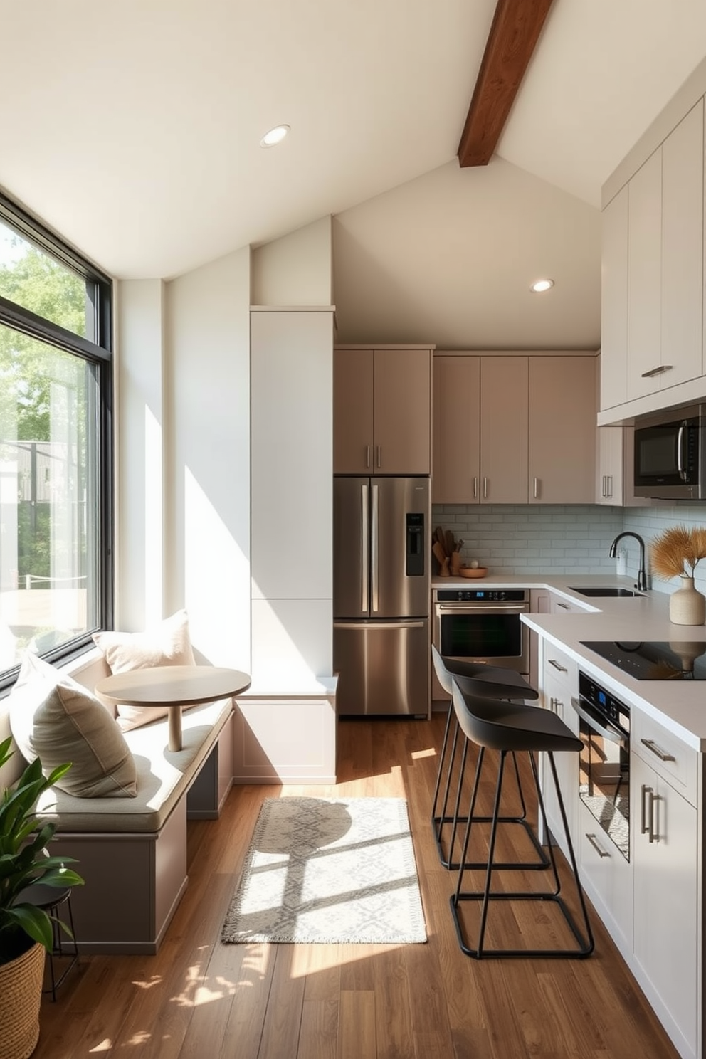 A modern kitchen featuring two-tone cabinets that create visual interest. The upper cabinets are a soft white while the lower cabinets are a deep navy blue, complemented by sleek stainless steel hardware. The kitchen island is topped with a beautiful quartz countertop, providing ample space for meal prep and casual dining. Pendant lights hang above the island, casting a warm glow over the space and enhancing the inviting atmosphere.