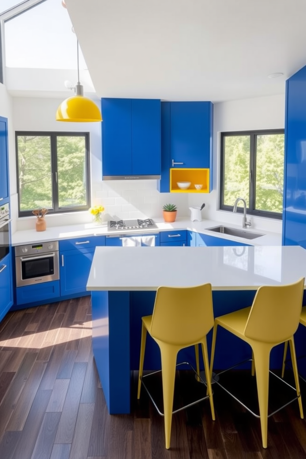 A vibrant kitchen featuring bold color cabinets in deep blue and bright yellow accents. The contrasting white quartz countertop adds a modern touch, enhancing the overall aesthetic of the 10x10 space. The kitchen island serves as a focal point, adorned with sleek bar stools that invite social gatherings. Large windows allow natural light to flood the room, highlighting the playful color scheme and creating an inviting atmosphere.