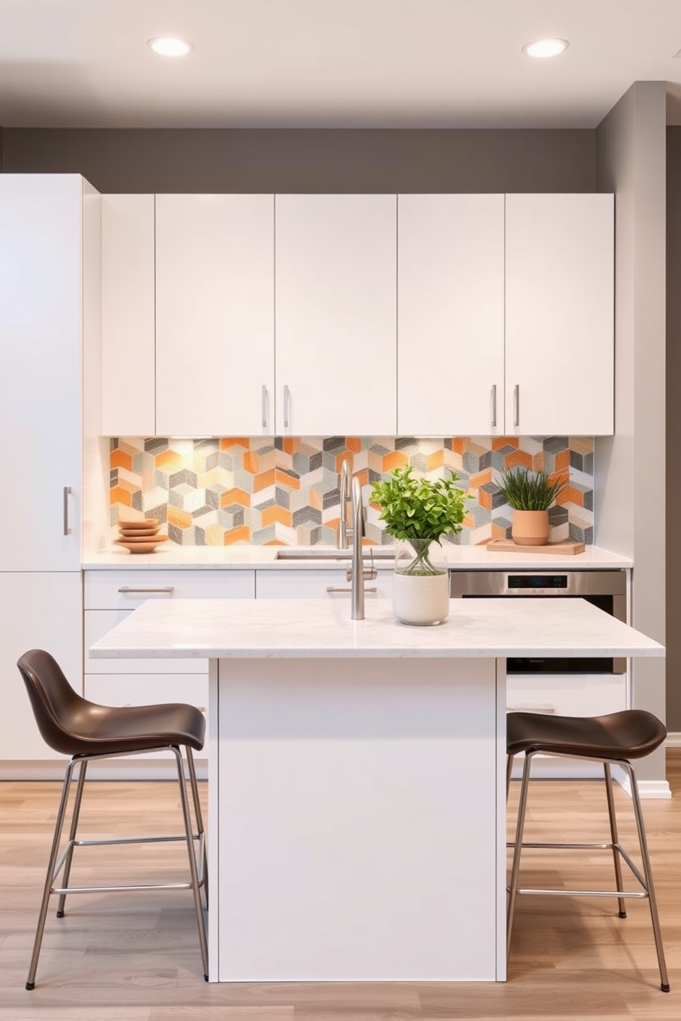 A modern kitchen featuring glass-front cabinets that showcase elegant dishware and decorative items. The cabinets are paired with a sleek island topped with a contrasting dark countertop, creating a focal point in the space. The walls are painted in a light neutral tone, enhancing the airy feel of the kitchen. Stainless steel appliances add a contemporary touch, while pendant lights hang above the island, providing both style and functionality.