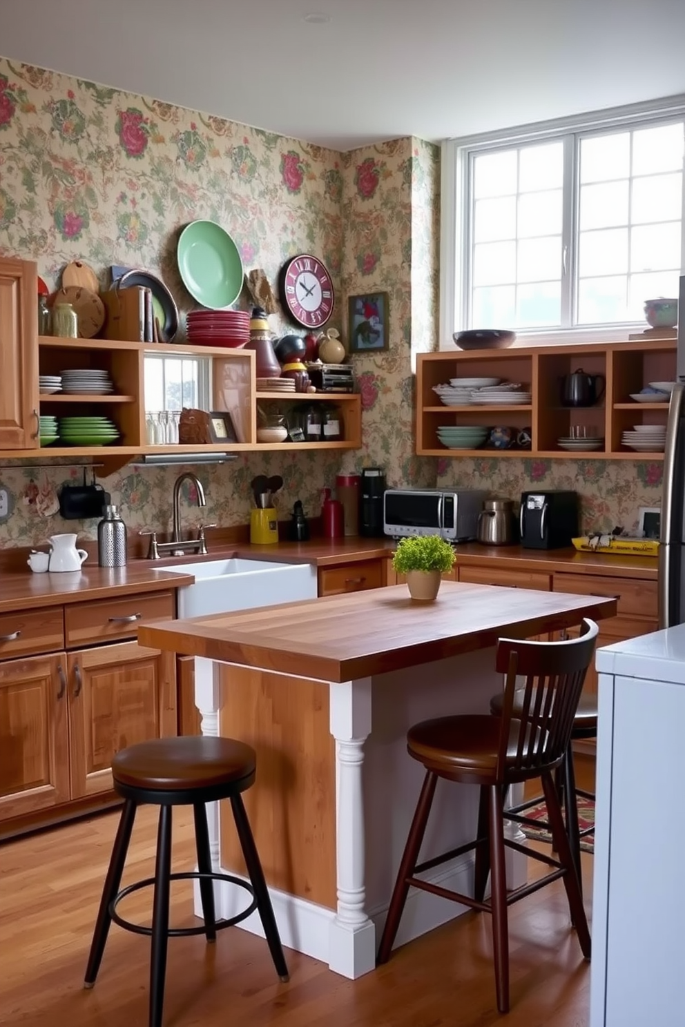 A cozy kitchen space featuring vintage decor complemented by sleek modern appliances. The walls are adorned with retro wallpaper, while a farmhouse sink sits below a large window that lets in natural light. The cabinetry showcases distressed wood finishes, and open shelving displays colorful dishware and vintage kitchen tools. A central island with a butcher block countertop serves as both a workspace and a gathering spot, surrounded by stylish bar stools.