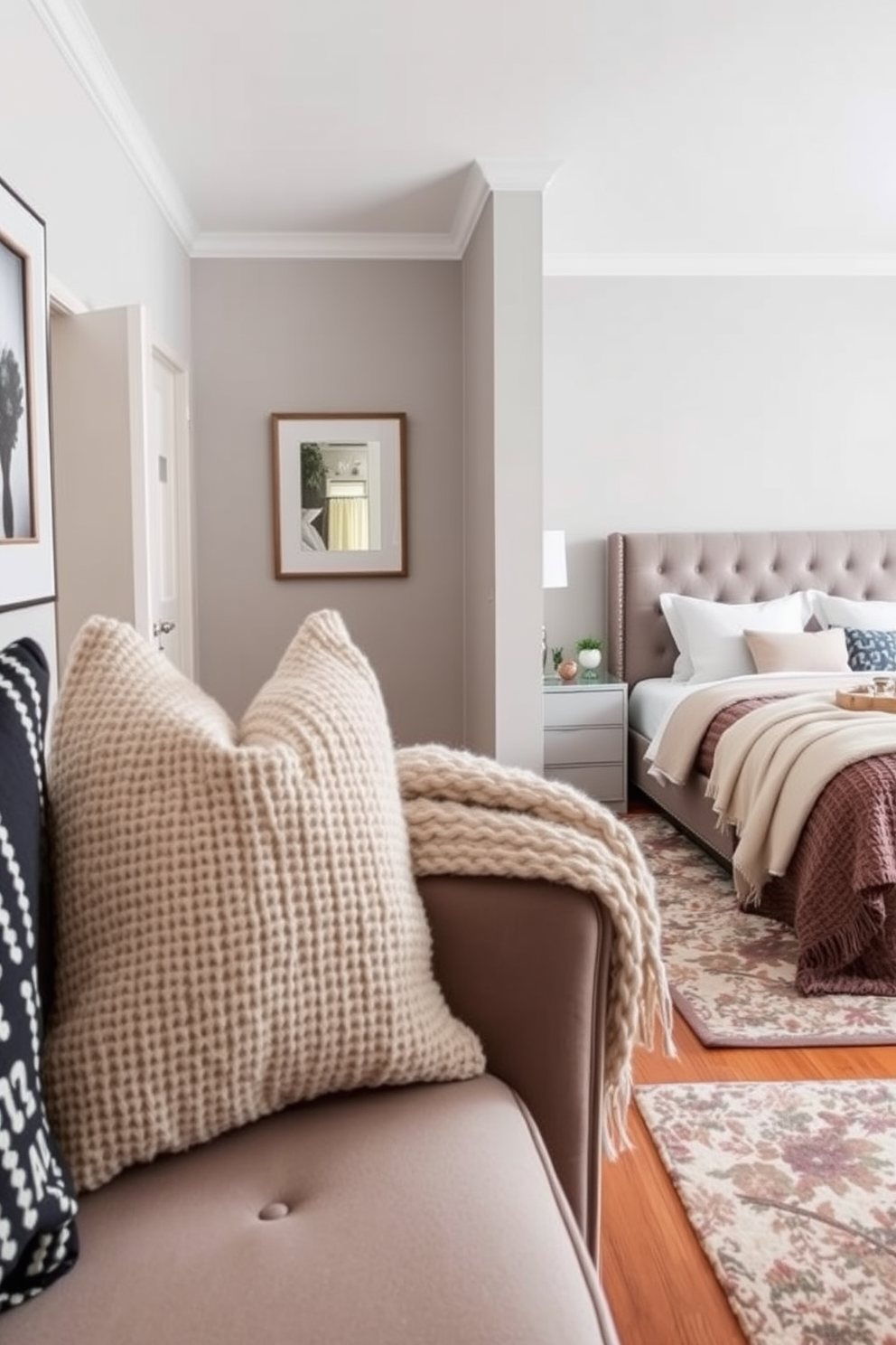 A serene two-bedroom apartment featuring a neutral color palette that promotes tranquility. The living area is adorned with soft beige walls and a cozy cream sofa, complemented by light wooden furniture and delicate textile accents. The master bedroom showcases a calming atmosphere with muted gray tones and plush bedding. A stylish nightstand holds a minimalist lamp, while large windows invite natural light, enhancing the peaceful ambiance.