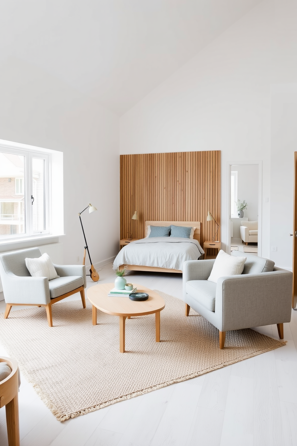 A cozy Scandinavian living room features a light wood coffee table surrounded by a plush gray sofa and two accent chairs. The walls are painted in a soft white hue, complemented by a woven area rug and large windows that let in natural light. In the bedroom, a minimalist bed with a light gray duvet is positioned against a slatted wood accent wall. Beside the bed, simple nightstands hold stylish lamps, and a small reading nook with a comfortable chair is tucked in the corner by a window.