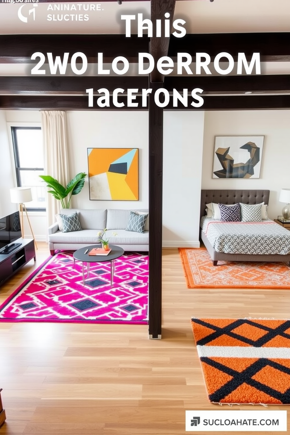 A stylish two-bedroom apartment featuring bold rugs that define individual spaces. The living area showcases a vibrant geometric rug that adds a pop of color, while each bedroom has its own unique rug that complements the overall decor.