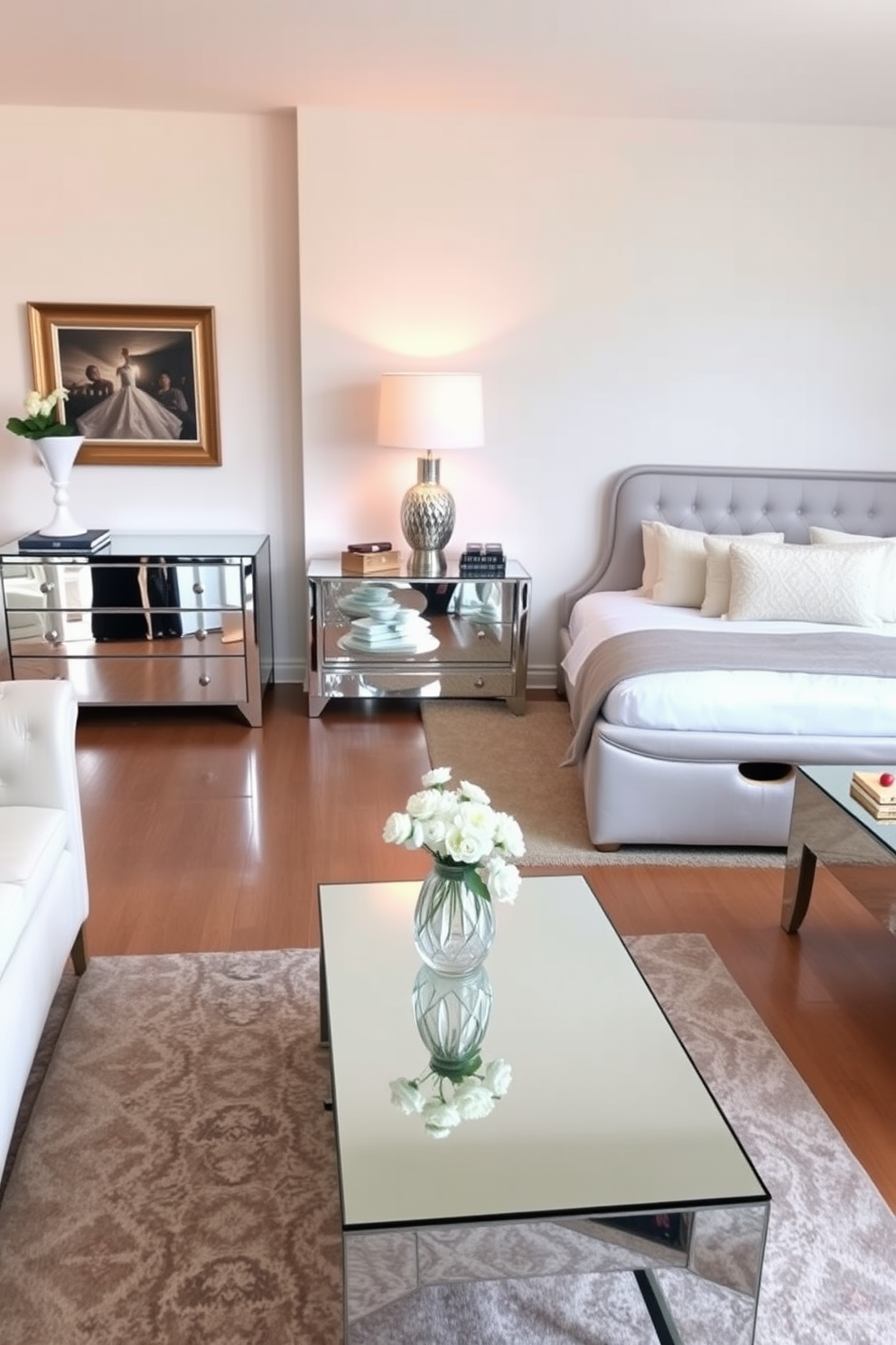 A stylish two-bedroom apartment featuring mirrored furniture that enhances light reflection throughout the space. The living area showcases a sleek mirrored coffee table paired with a plush sectional sofa, creating an inviting atmosphere. In the master bedroom, a stunning mirrored dresser complements the soft color palette of the room. The second bedroom includes a chic mirrored nightstand beside a cozy bed adorned with decorative pillows.