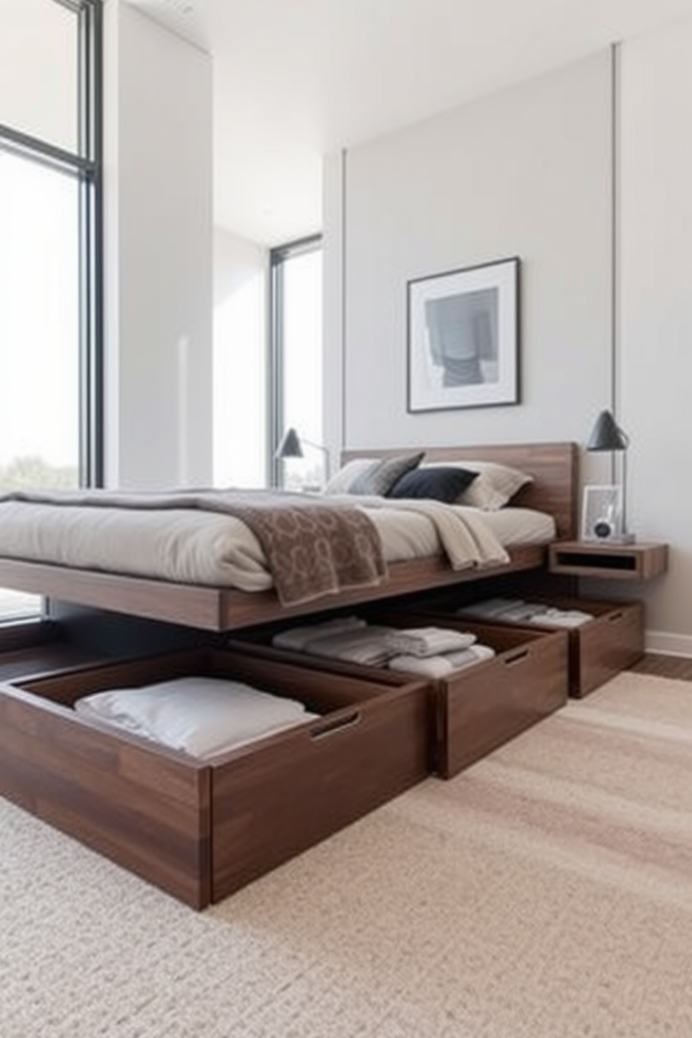 A modern bedroom featuring smart storage solutions under the bed. The bed is elevated with built-in drawers that seamlessly blend with the wooden bed frame. The room is designed in a contemporary style with a neutral color palette. Large windows allow natural light to fill the space, highlighting the minimalist decor.