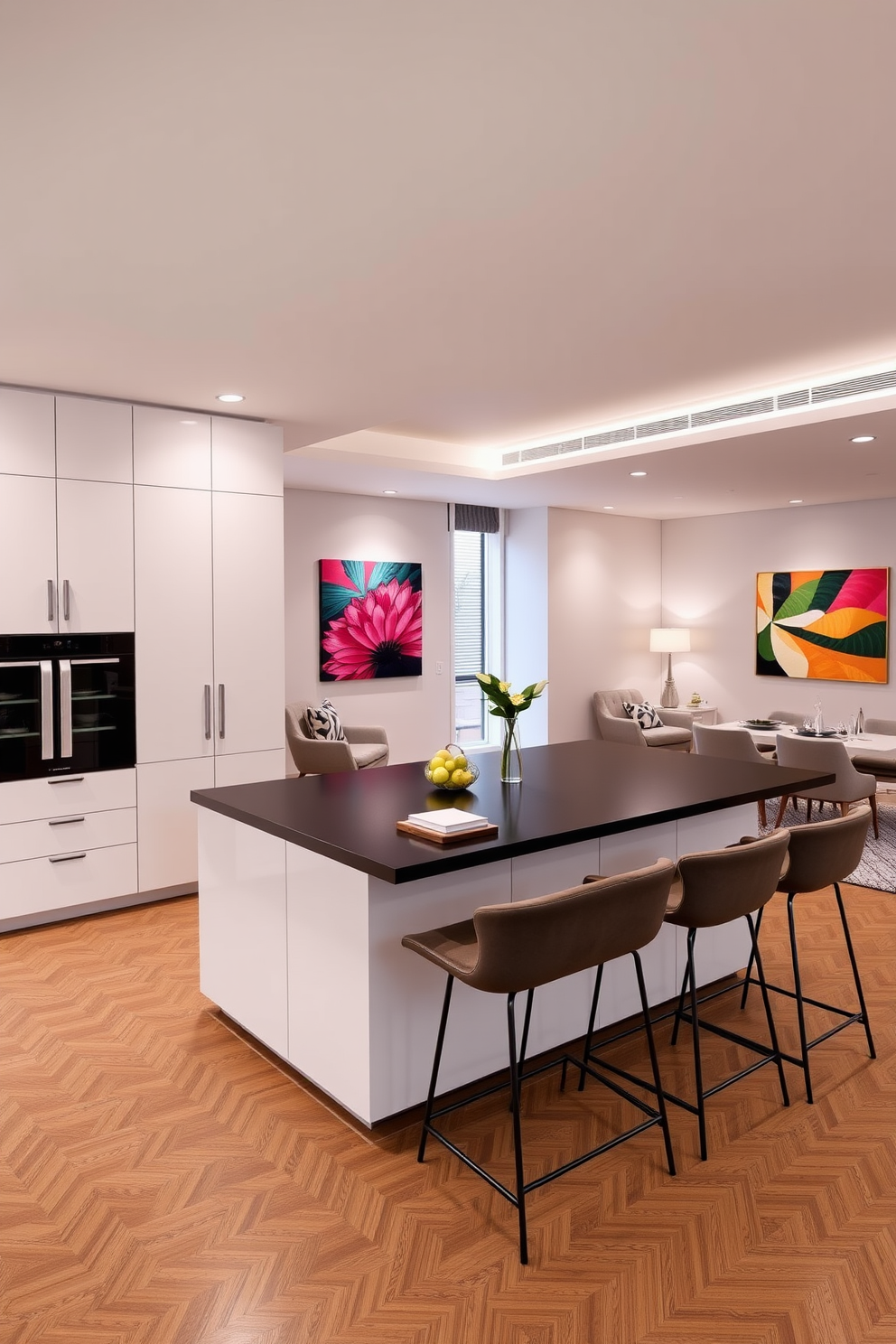 A modern kitchen island designed for casual dining. It features sleek white cabinetry with a contrasting dark countertop and comfortable bar stools arranged around it. A cozy two-bedroom apartment layout emphasizing open space. The design includes a combined living and dining area with contemporary furniture and vibrant artwork on the walls.