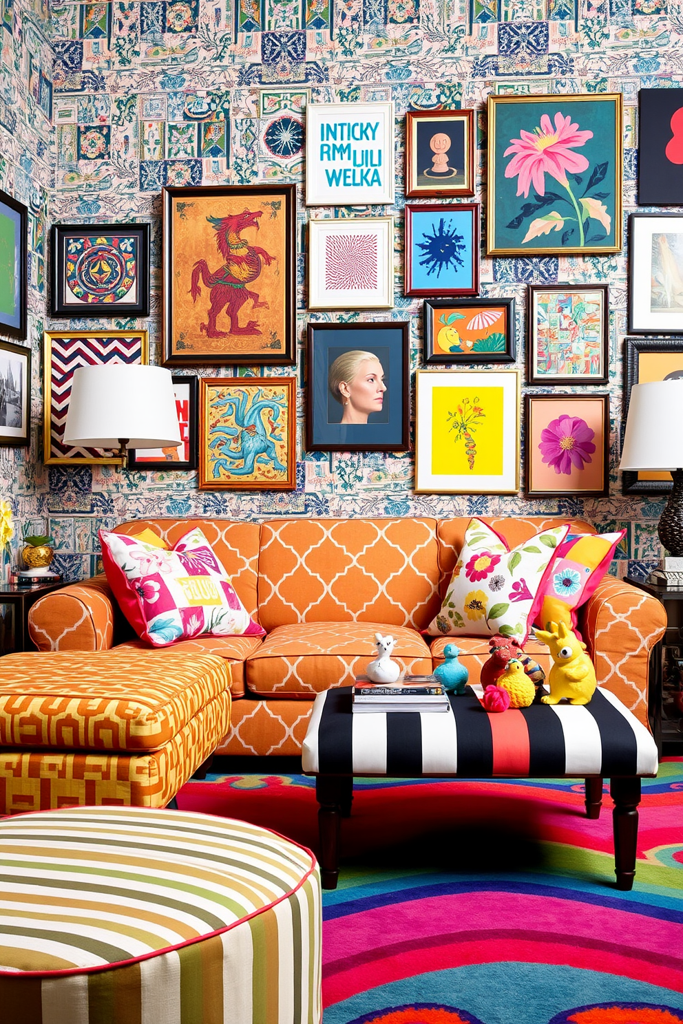 A vibrant living room filled with playful patterns in textiles and decor. The sofa is upholstered in a bold geometric print, complemented by throw pillows featuring whimsical floral designs. The walls are adorned with a mix of patterned wallpaper and framed art pieces that showcase a variety of colors and styles. A colorful area rug anchors the space, while playful accents like a striped ottoman and quirky decorative objects add to the lively atmosphere.