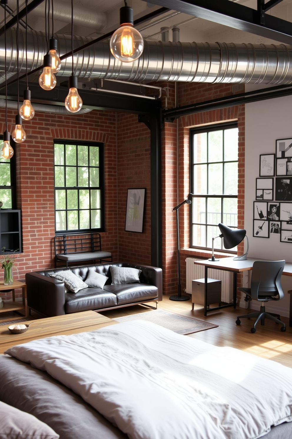 A stylish two bedroom apartment featuring industrial elements. Exposed brick walls and steel beams create a modern edge, while large windows allow natural light to flood the space. The living area showcases a sleek leather sofa paired with a reclaimed wood coffee table. Pendant lights with Edison bulbs hang from the ceiling, adding a warm ambiance to the room. In the first bedroom, a metal bed frame is complemented by soft textiles in muted tones. An industrial-style nightstand holds a vintage lamp, enhancing the cozy yet modern atmosphere. The second bedroom features a workspace with a minimalist desk and an ergonomic chair. A gallery wall with black and white art pieces adds personality and flair to the industrial design.