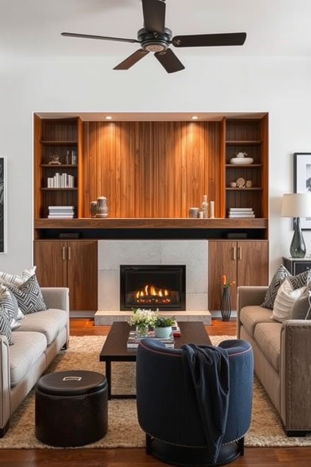 A modern two-bedroom apartment featuring built-in shelving that provides organized displays. The shelving is crafted from light wood and showcases a mix of books, decorative items, and plants, creating a warm and inviting atmosphere. The living area is designed with an open concept, seamlessly connecting to the kitchen. The bedrooms are cozy, with soft lighting and neutral color palettes that enhance relaxation and comfort.