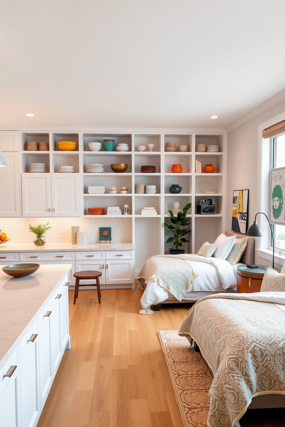 Bright kitchen with open shelving. The space features white cabinets, a large island with a quartz countertop, and colorful ceramic dishes displayed on the shelves. Two bedroom apartment design ideas. The first bedroom includes a king-sized bed with a plush headboard, soft lighting, and a cozy reading nook by the window. The second bedroom showcases twin beds with elegant bedding, a shared workspace, and cheerful artwork on the walls.