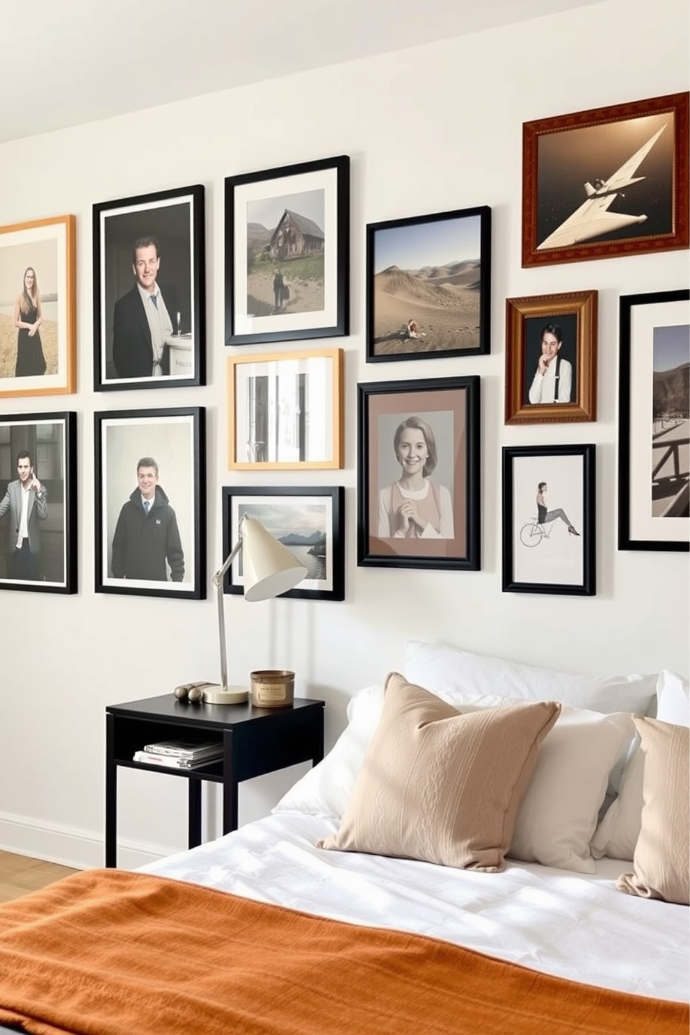 A gallery wall featuring a mix of framed photographs and artwork that reflects personal memories and styles. The wall is painted in a soft white to enhance the colors of the frames and art pieces, creating a warm and inviting atmosphere. The bedroom features a cozy bed with plush bedding and decorative pillows in neutral tones. A stylish bedside table holds a modern lamp and a few personal items, while a soft area rug adds comfort underfoot.