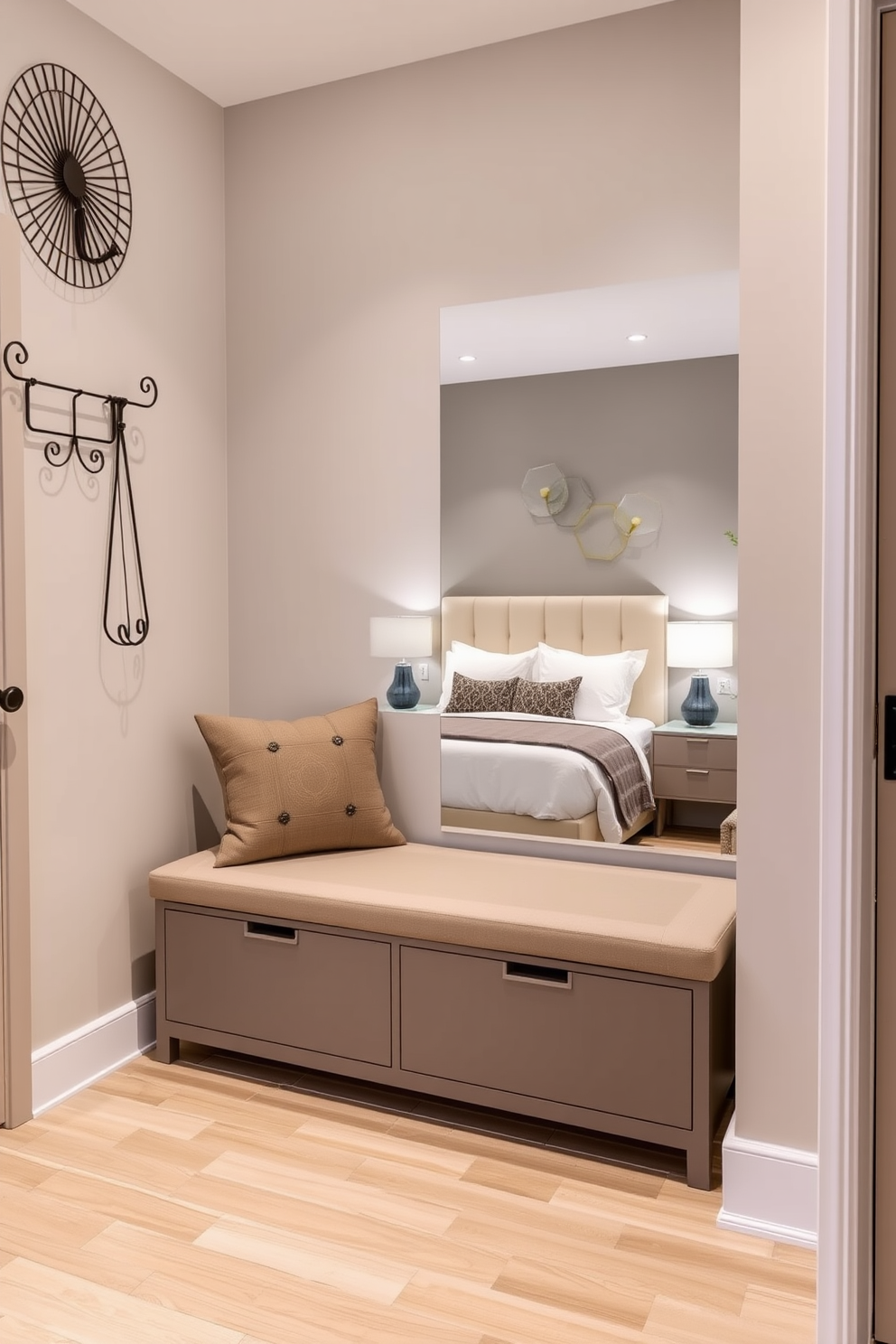 Functional entryway with seating. The space features a sleek bench with storage underneath, complemented by a decorative wall-mounted coat rack. Bedroom apartment design ideas. The bedroom includes a cozy queen-sized bed with plush bedding, flanked by modern nightstands and stylish lamps.