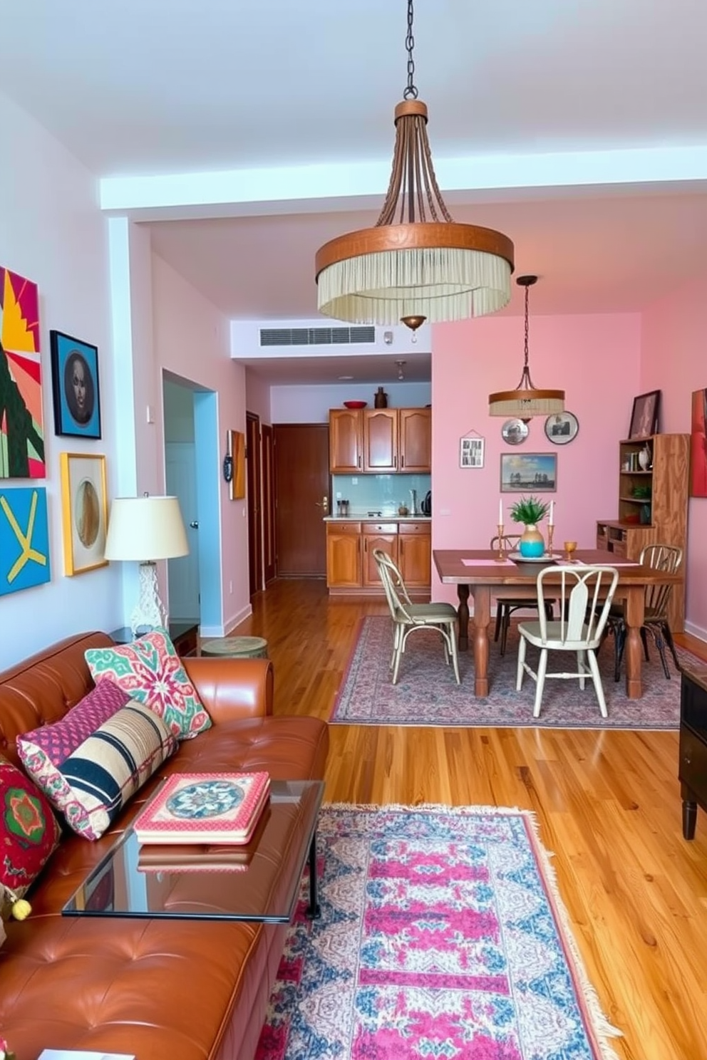 An eclectic mix of furniture styles in a two bedroom apartment features a vibrant living room with a vintage leather sofa paired with a modern glass coffee table. Colorful artwork adorns the walls, and a mix of patterned throw pillows adds personality to the space. The dining area showcases a rustic wooden table surrounded by mismatched chairs, creating a warm and inviting atmosphere. A bold chandelier hangs above, providing a striking contrast to the soft pastel colors of the room.