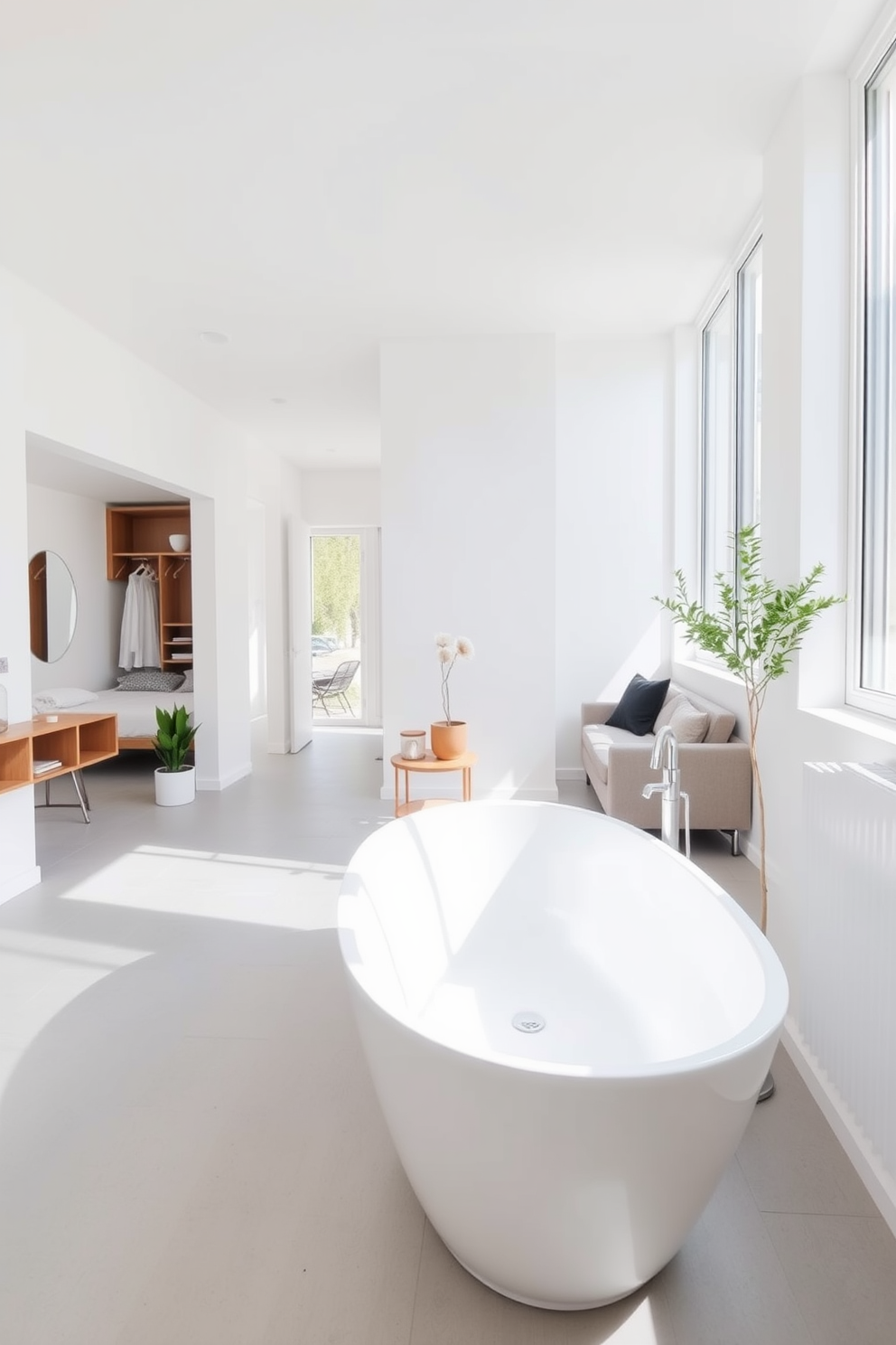 Bright and airy bathroom design. The walls are painted in a soft white color, and large windows allow natural light to flood the space. The floor is covered with light gray tiles, and a freestanding soaking tub is positioned near the windows. Minimalist decor includes a simple potted plant and a sleek wooden shelf for toiletries. 2 Bedroom Apartment Design Ideas. The living area features an open layout with a comfortable sectional sofa and a stylish coffee table. Each bedroom is designed with a calming color palette and includes built-in wardrobes for efficient storage.