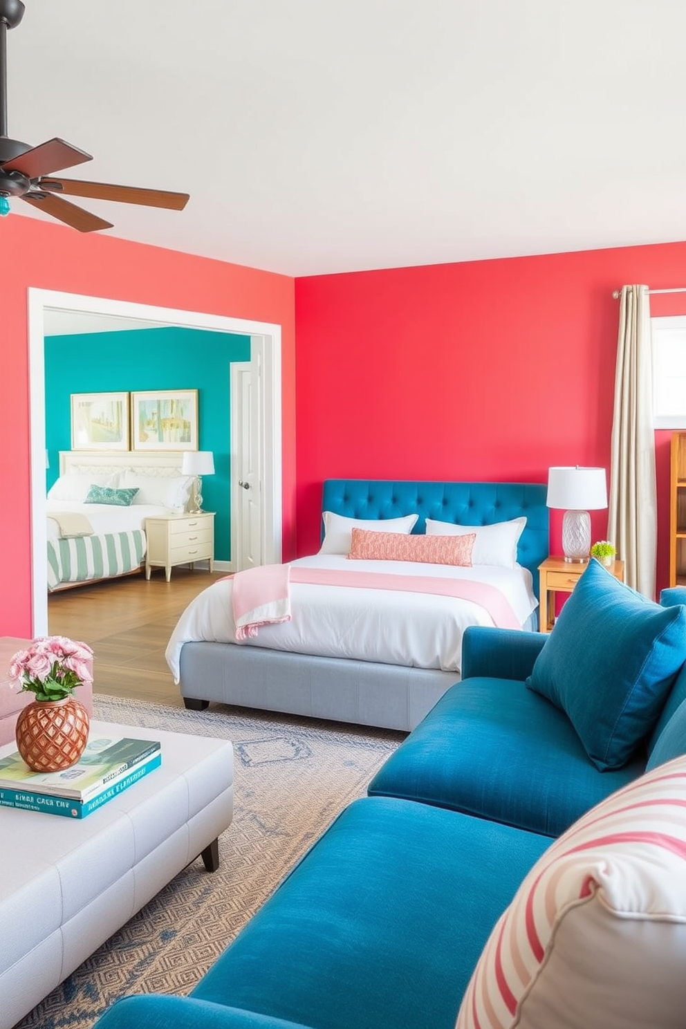 Bright accent walls create a vibrant energy that transforms the living space into a lively haven. In the first bedroom, a bold teal accent wall complements soft white furnishings, while the second bedroom features a striking coral wall paired with warm wood accents.