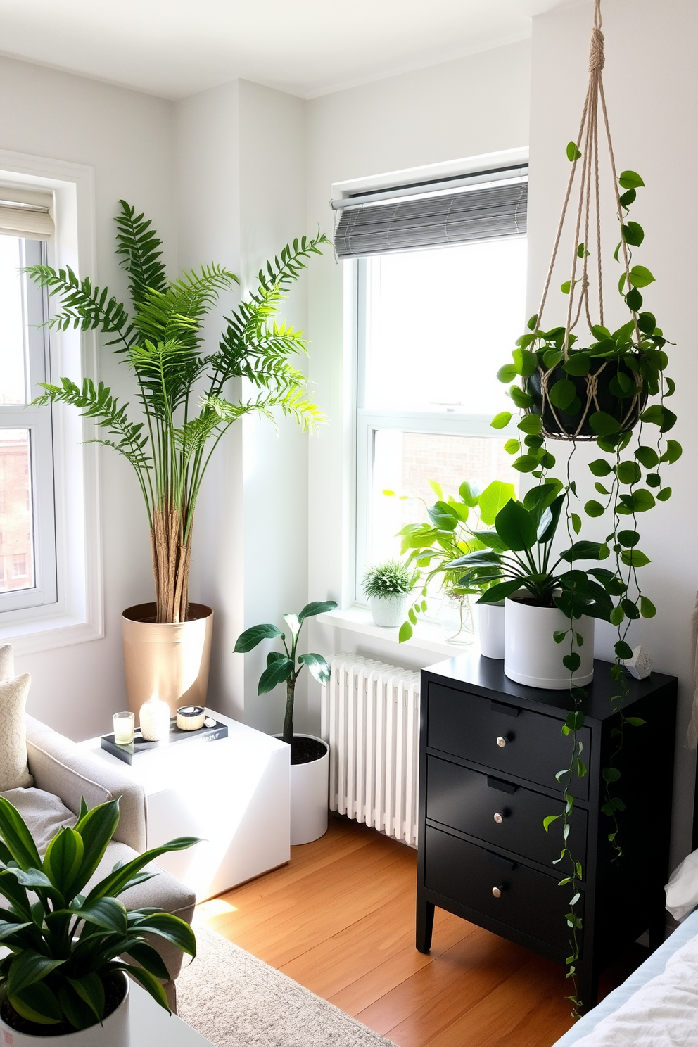 A cozy two-bedroom apartment filled with indoor plants creating a fresh air vibe. The living room features a large potted fern in the corner and a stylish snake plant by the window, enhancing the natural light. The master bedroom includes a bedside table adorned with a small succulent and a vibrant peace lily on the dresser. The second bedroom showcases a hanging macrame planter with trailing ivy, adding a touch of greenery to the space.