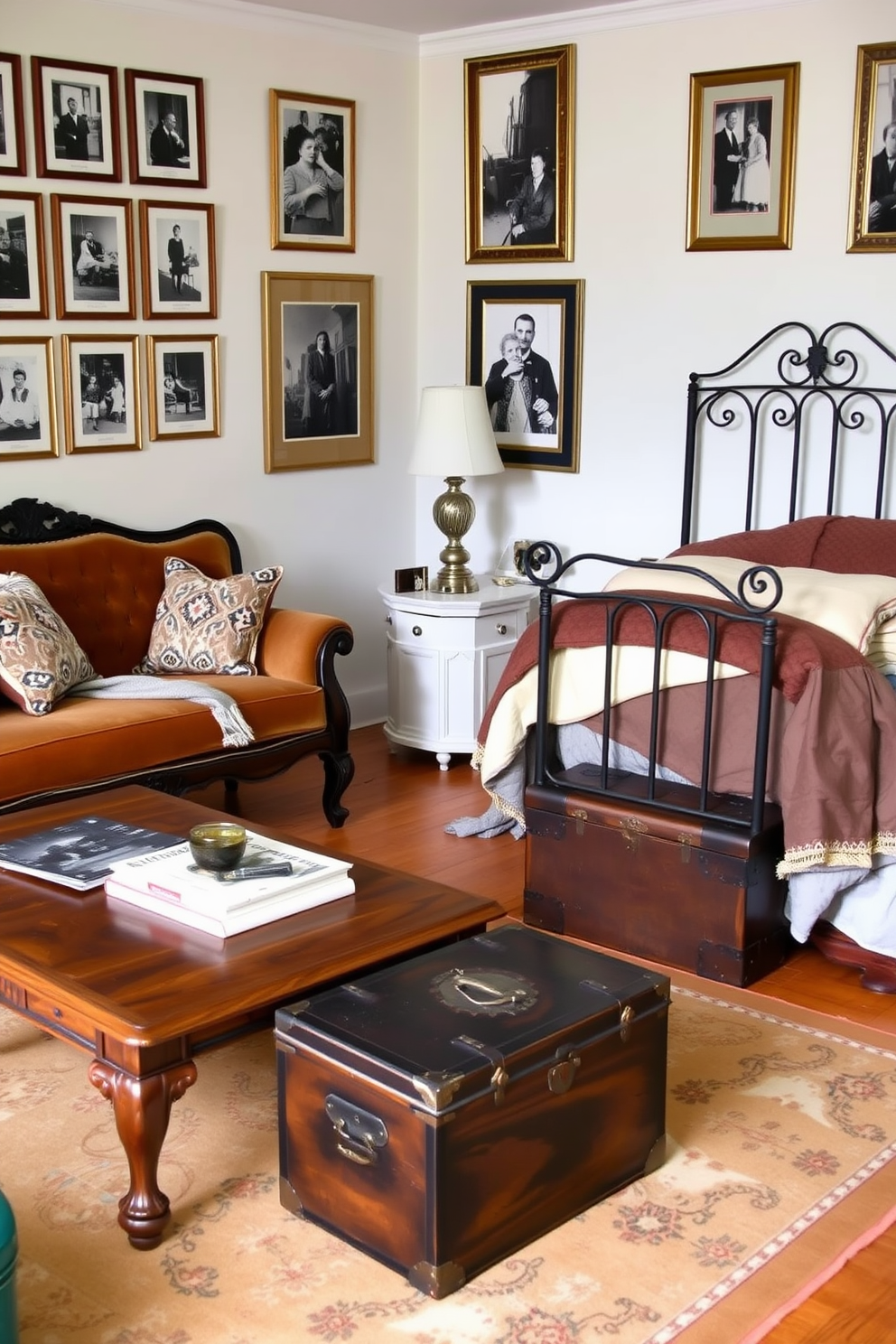 A cozy living room featuring vintage decor with an antique wooden coffee table and a plush velvet sofa adorned with patterned throw pillows. The walls are lined with framed black and white photographs, and a large area rug in warm tones anchors the space. A charming bedroom with a vintage wrought iron bed frame draped in soft linens and layered blankets. A small bedside table holds an ornate lamp, and a vintage trunk at the foot of the bed adds character and storage.