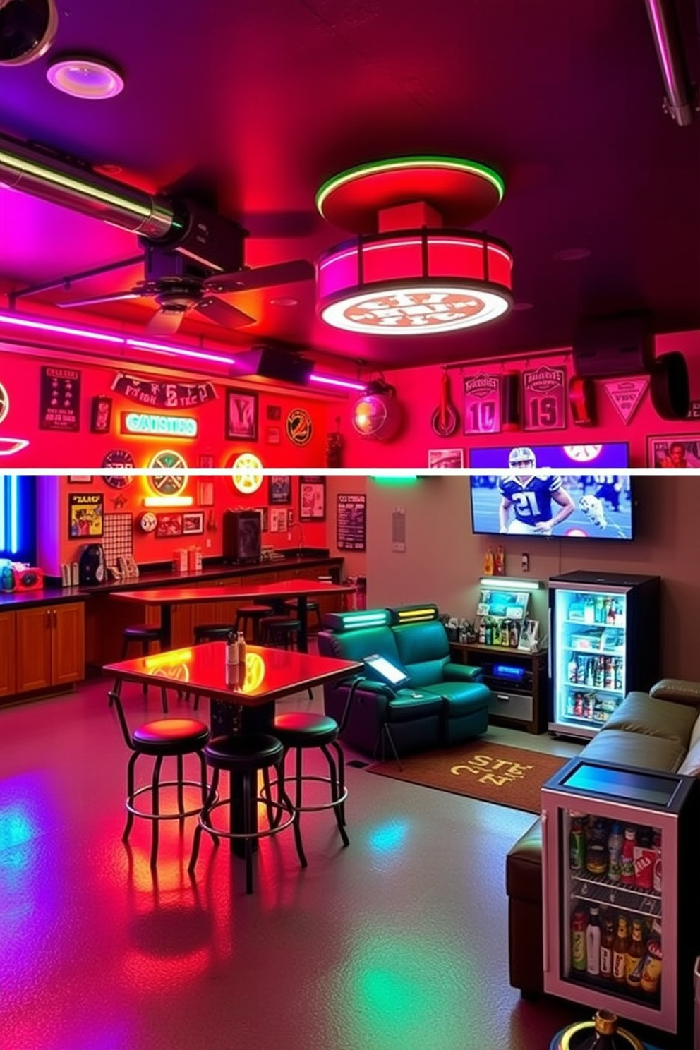 A lively sports bar theme featuring high-top seating arranged around wooden tables. The walls are adorned with sports memorabilia and large flat-screen TVs showcasing live games. A spacious two-car garage transformed into a man cave with comfortable lounge furniture and a custom bar area. The walls are painted in dark tones with ambient lighting to create a cozy atmosphere.