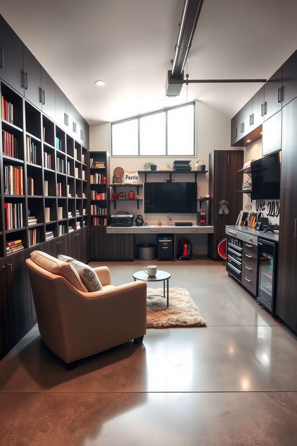 A music studio featuring soundproofing panels on the walls and ceiling for optimal acoustics. The room is equipped with a mixing console, multiple monitors, and comfortable seating for musicians and producers. A two car garage designed with ample storage solutions, including built-in cabinets and shelving. The space has an epoxy-coated floor for durability and features a workbench for DIY projects. A man cave designed for relaxation and entertainment, featuring a large sectional sofa and a big screen TV. The room is accented with a wet bar and framed memorabilia on the walls for a personalized touch.