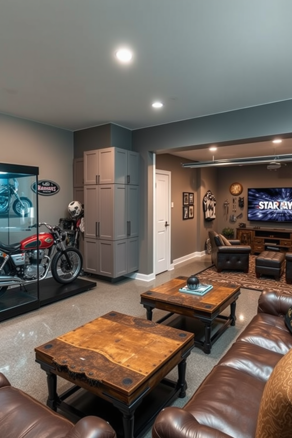 A stylish man cave designed for sports viewing features a wall-mounted TV prominently displayed above a sleek media console. Comfortable leather seating arranged in a semi-circle creates an inviting atmosphere for friends and family to enjoy game nights together. The garage is transformed into a two-car man cave with ample storage solutions and a polished concrete floor. Custom shelving displays sports memorabilia while a mini-fridge and bar area provide refreshments for entertaining guests.