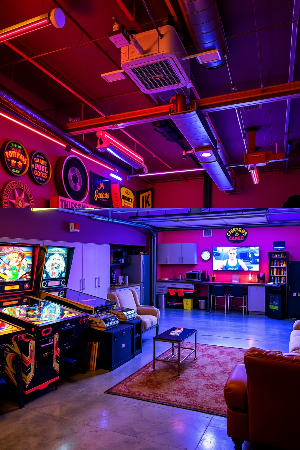 A spacious two car garage transformed into a man cave featuring industrial style elements. Exposed metal beams and fixtures create a rugged atmosphere, complemented by a polished concrete floor and dark wood accents. The garage is equipped with a comfortable seating area, including a leather sofa and a reclaimed wood coffee table. Vintage signage and wall art enhance the industrial aesthetic, while ambient lighting adds warmth to the space.