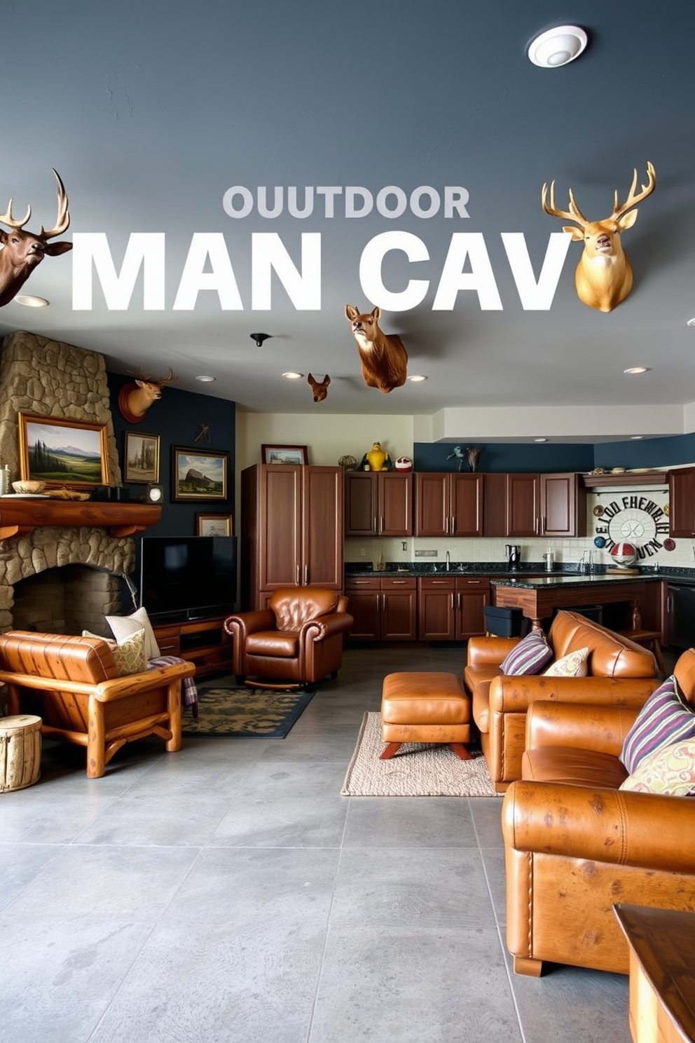 A cozy man cave design featuring a two-car garage transformed into a stylish retreat. The space is adorned with rustic wooden accents, comfortable seating, and a large flat-screen TV mounted on the wall. Lush greenery decorates the corners, with potted plants and hanging vines adding a vibrant touch. Soft lighting creates a warm atmosphere, making it the perfect spot for relaxation and entertainment.