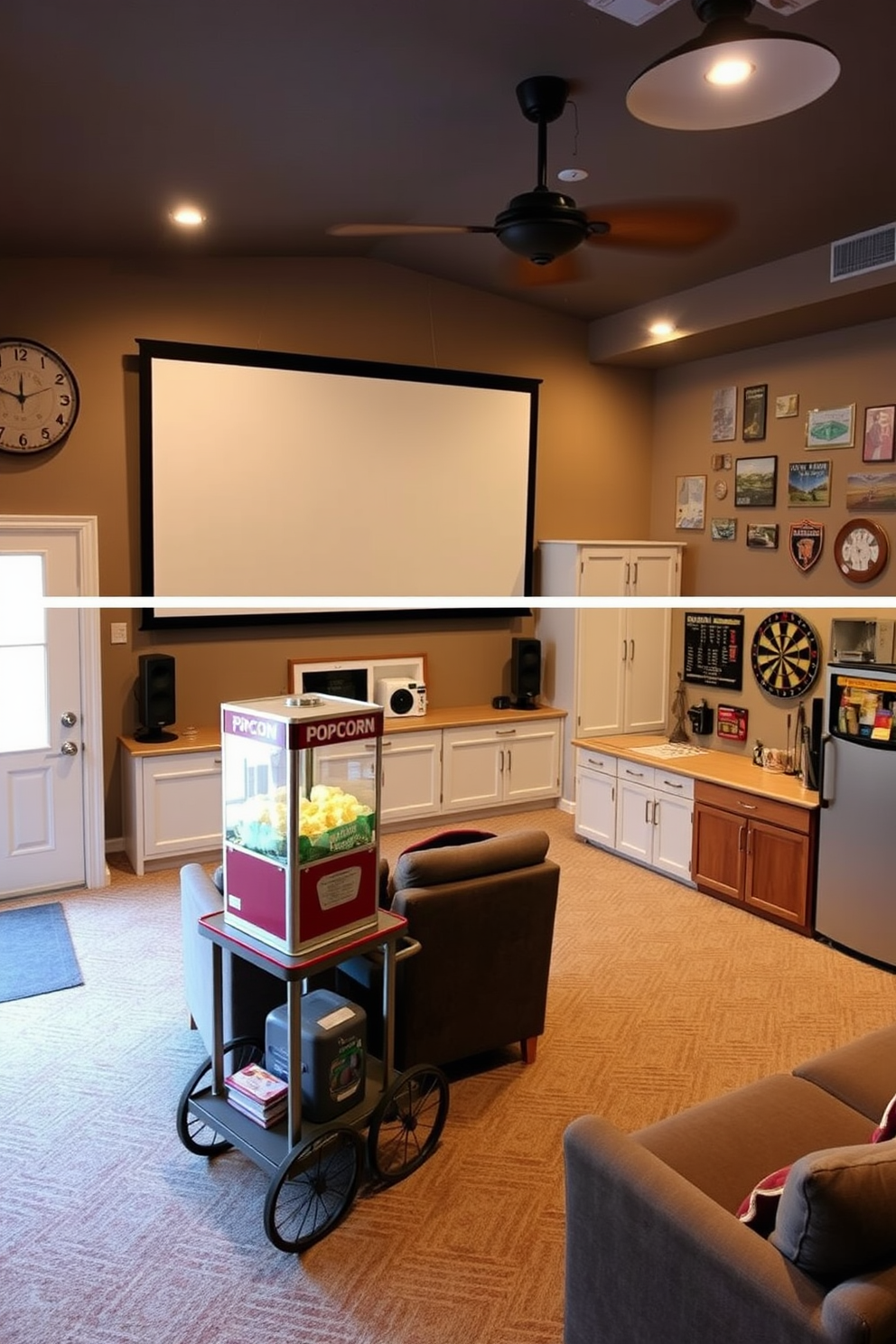 A spacious DIY workshop filled with various tools and sturdy wooden benches. The walls are lined with pegboards for easy access to tools and a large window allows natural light to flood the space. A two-car garage designed as a man cave featuring comfortable seating and a large flat-screen TV. The garage is equipped with a mini-fridge and a stylish bar area, creating an inviting atmosphere for relaxation and entertainment.