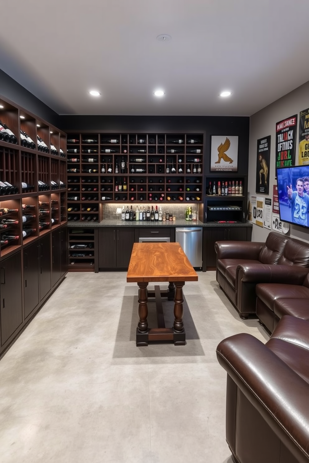 A spacious two car garage transformed into a man cave. The design features bright lighting that enhances the lively atmosphere with LED strip lights along the ceiling and wall-mounted fixtures illuminating the space. The garage includes a comfortable seating area with a plush sectional sofa and a large flat-screen TV mounted on the wall. A bar area with high stools complements the entertainment setup, while sports memorabilia decorates the walls, adding character to the room.