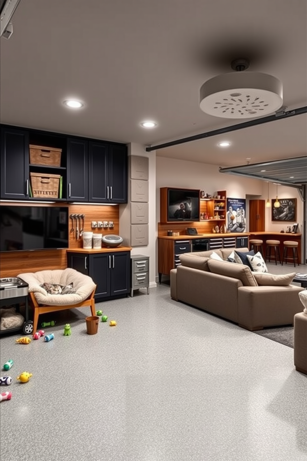 A cozy man cave featuring built-in shelving designed to showcase a variety of collectibles. The walls are painted a deep navy blue, and the shelves are crafted from reclaimed wood, providing a rustic charm. The garage is transformed into a functional space with ample storage and a dedicated area for relaxation. A comfortable sectional sofa faces a large flat-screen TV, while a mini bar is tucked into one corner for entertaining guests.