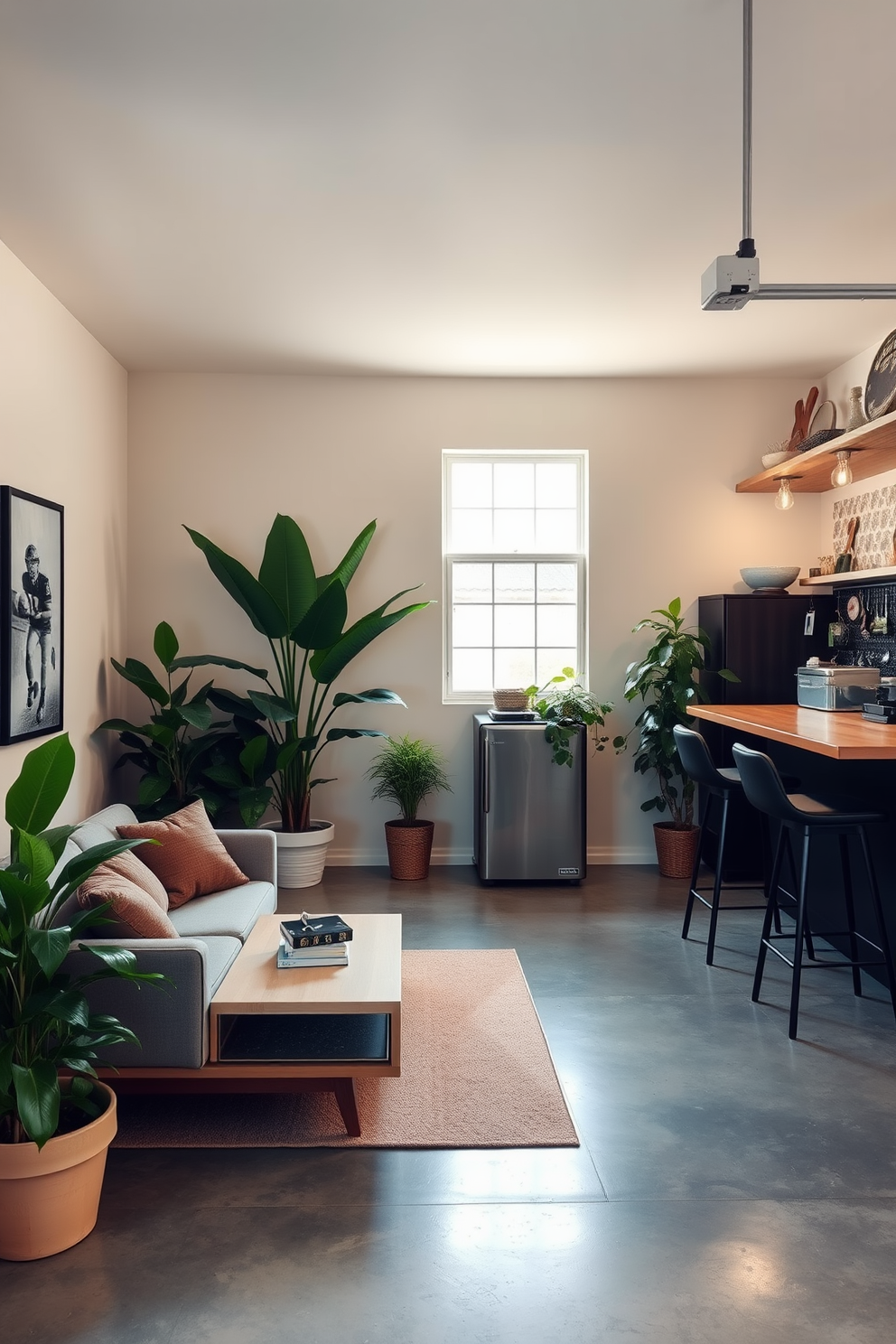 A cozy reading corner featuring plush armchairs and a small side table. Surrounding the seating area are tall bookshelves filled with a variety of books and decorative items. A spacious two car garage designed as a man cave with a sleek modern aesthetic. The garage includes a lounge area with a comfortable sofa, a mini fridge, and wall-mounted flat-screen TV for entertainment.