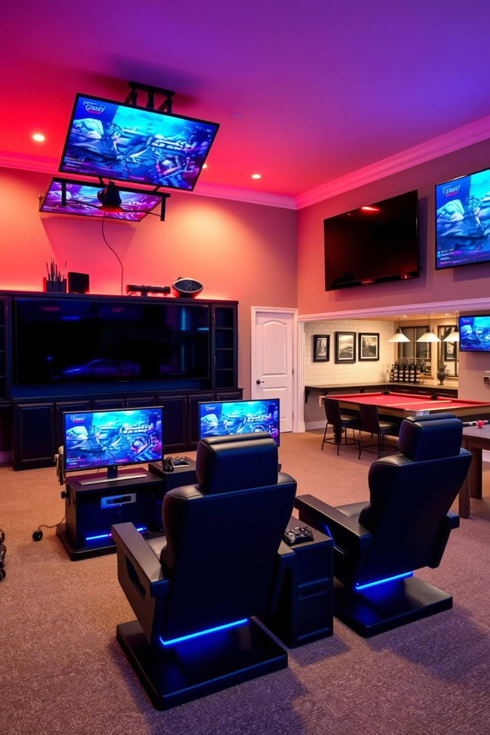 A vibrant gaming zone filled with multiple consoles and comfortable seating options. The walls are adorned with posters of popular video games, and LED strip lights create an immersive atmosphere. A spacious two-car garage featuring sleek cabinetry and organized storage solutions. The floor is finished with an epoxy coating, providing durability and a polished look. A stylish man cave designed for relaxation and entertainment. Plush seating surrounds a large screen TV, and a mini bar stocked with beverages adds a touch of luxury.