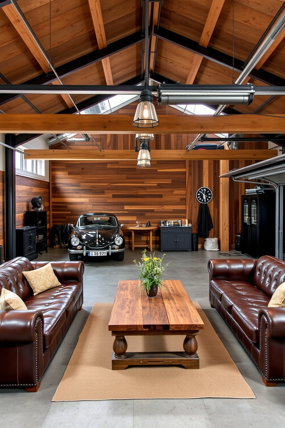 A stylish man cave featuring a pool table and a dartboard setup. The room is adorned with dark wood paneling and ambient lighting, creating a cozy atmosphere for entertaining. The pool table is positioned centrally, surrounded by comfortable seating and a mini bar. The dartboard is mounted on a feature wall, complemented by framed sports memorabilia and a vintage jukebox. A spacious two-car garage transformed into a functional workshop and storage area. The garage features custom cabinetry and a workbench, with ample lighting for DIY projects. The walls are painted in a light gray shade, and the floor is finished with durable epoxy. Organized shelving and pegboards hold tools and equipment, ensuring a clean and efficient workspace.