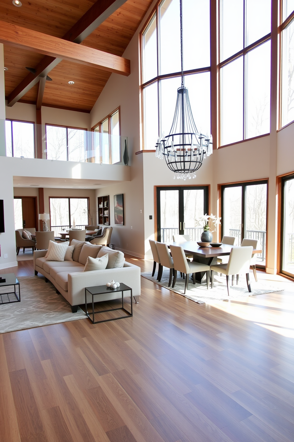 Open concept living and dining area featuring a spacious layout with large windows that allow natural light to flood the space. The living area includes a plush sectional sofa in a neutral tone, complemented by a sleek coffee table and a cozy area rug. Adjacent to the living space, the dining area showcases a modern wooden table surrounded by elegant upholstered chairs. A statement chandelier hangs above the table, creating a warm and inviting atmosphere for gatherings.