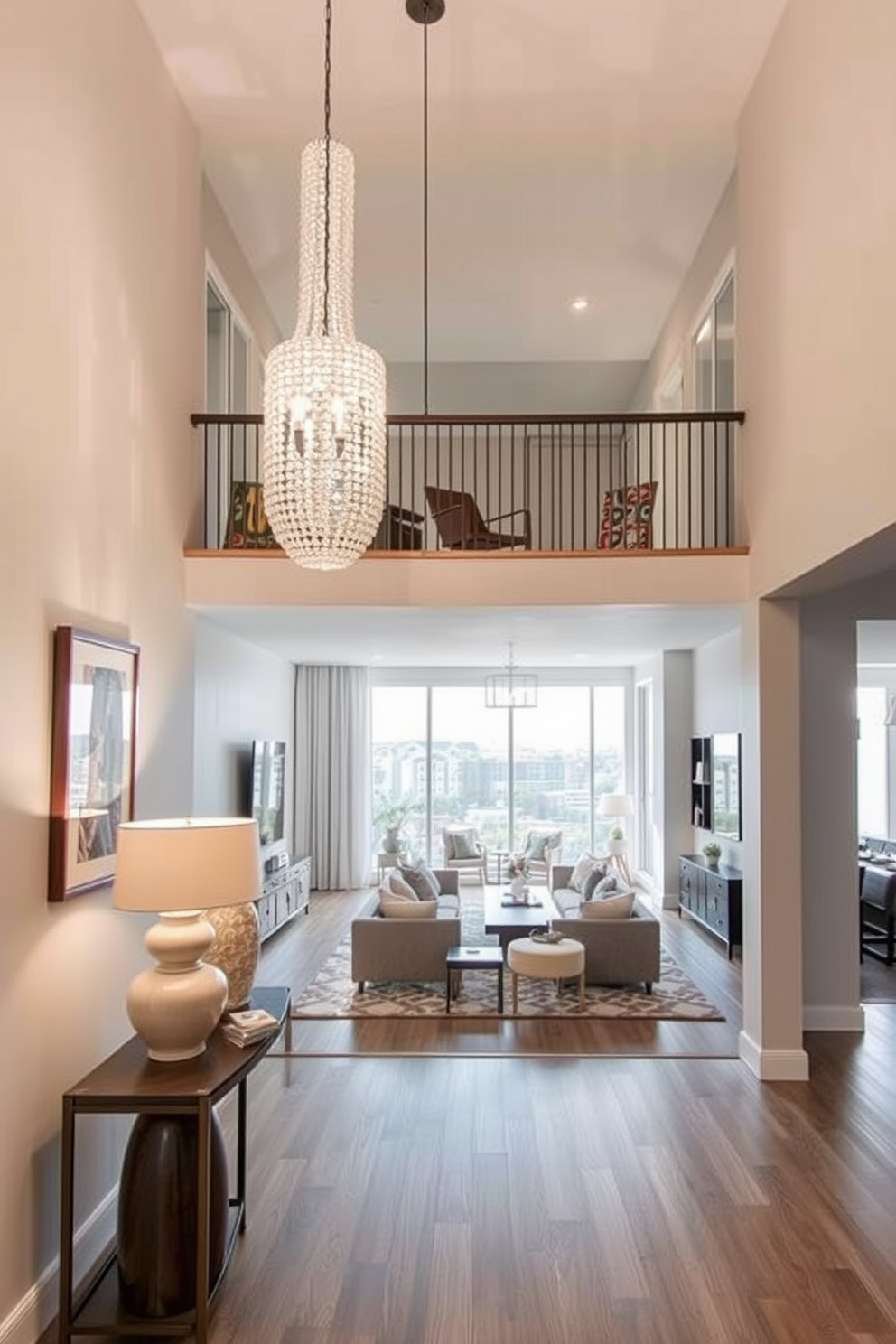 Inviting entryway with statement lighting. The space features a grand chandelier hanging from a high ceiling, illuminating a stylish console table adorned with decorative objects. Two-story apartment design ideas. The open floor plan includes a spacious living area with large windows, while the upper level boasts a cozy reading nook overlooking the main floor.