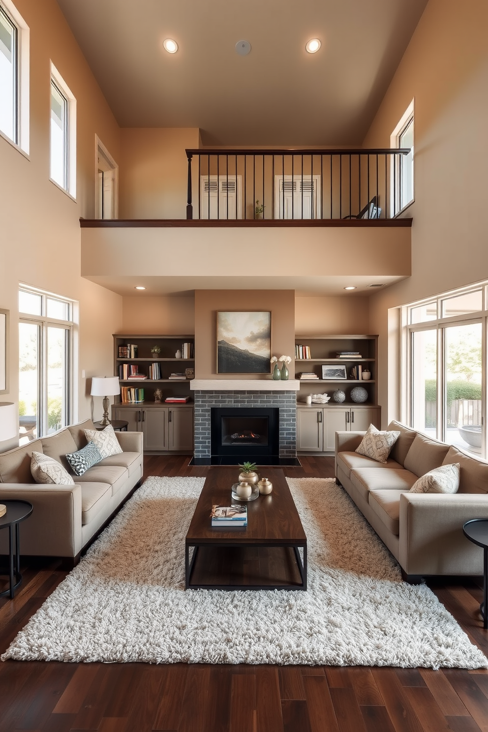 A cozy family room featuring a large sectional sofa arranged in an inviting L-shape. The walls are painted in a soft beige, and large windows allow natural light to flood the space. In the center, a stylish coffee table sits atop a plush area rug, creating a perfect spot for family gatherings. Shelves on either side of the fireplace display books and decorative items, adding warmth and personality to the room. For the two-story apartment design, the lower level includes an open-concept living area that seamlessly connects to the kitchen. The upper level features a spacious master bedroom with a private balcony overlooking the living space below.