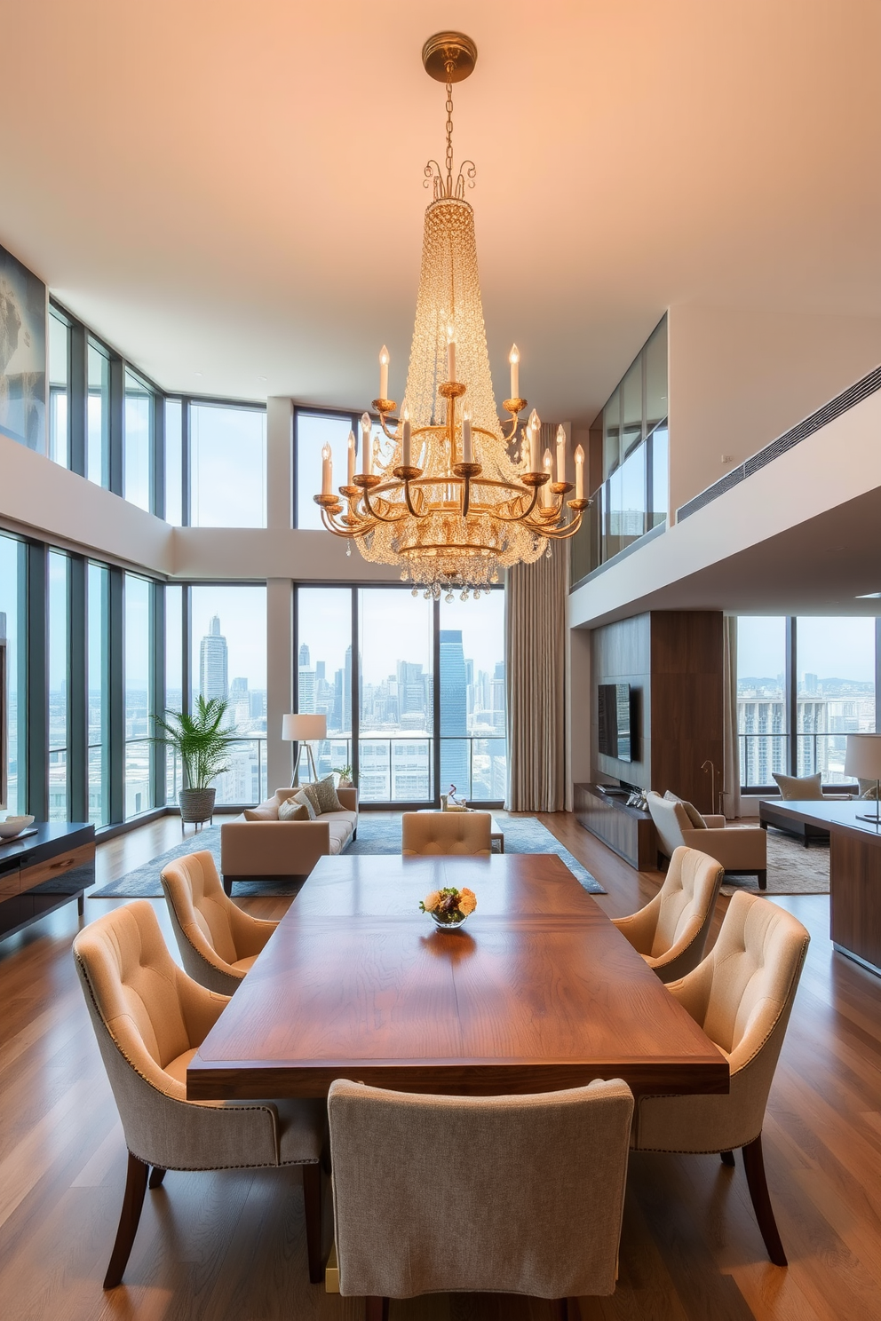 Elegant dining area with a grand chandelier hanging from the ceiling, casting a warm glow over the space. The dining table is made of rich wood, surrounded by upholstered chairs in a soft neutral fabric, creating an inviting atmosphere. Two story apartment design featuring an open floor plan that maximizes natural light and space. The living area flows seamlessly into the dining space, with large windows that offer stunning views of the city skyline.