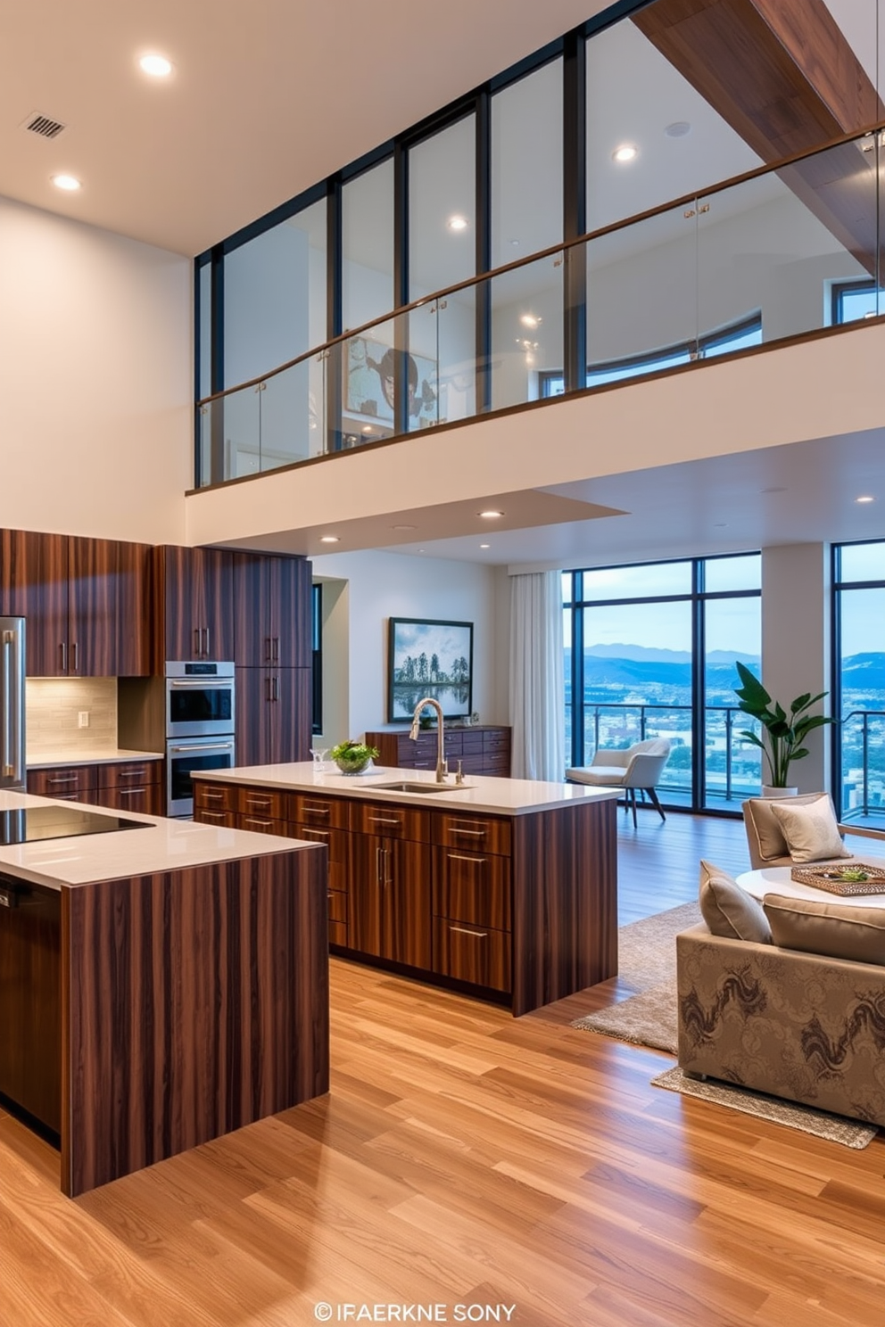 A bright and inviting corner filled with various indoor plants, showcasing a mix of lush greens and vibrant colors. Sunlight streams through large windows, creating a warm atmosphere that enhances the natural beauty of the plants. An open layout in a two-story apartment featuring a spacious living area that flows seamlessly into a modern kitchen. The design incorporates high ceilings and large windows, allowing for ample natural light and a sense of openness throughout the space.