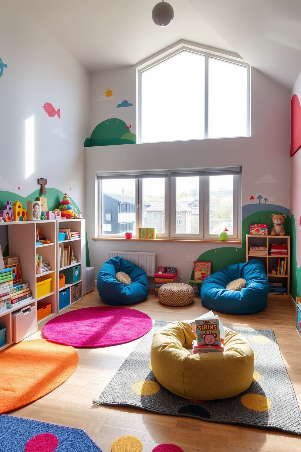 A vibrant and imaginative playroom for kids located on the upper floor of a two-story apartment. The walls are painted in bright colors with playful murals, and soft, colorful rugs cover the floor for comfort during playtime. In one corner, there are shelves filled with toys and books, while a cozy reading nook with bean bags invites children to settle down with their favorite stories. Large windows allow natural light to flood the space, creating a cheerful atmosphere for creativity and fun.